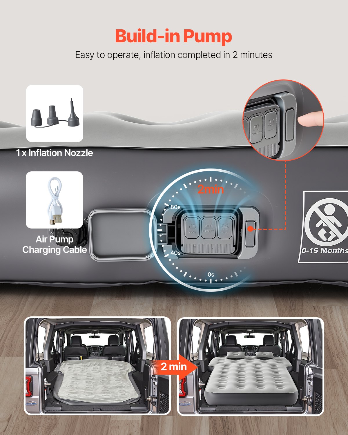 VEVOR Auto Luftmatratze passend für Toyota 4Runner / Jeep Wrangler, aufblasbare Campingmatratze beflockte & verdickte Reisebetten, tragbare Isomatte mit eingebauter Pumpe & 2 Kissen, grau