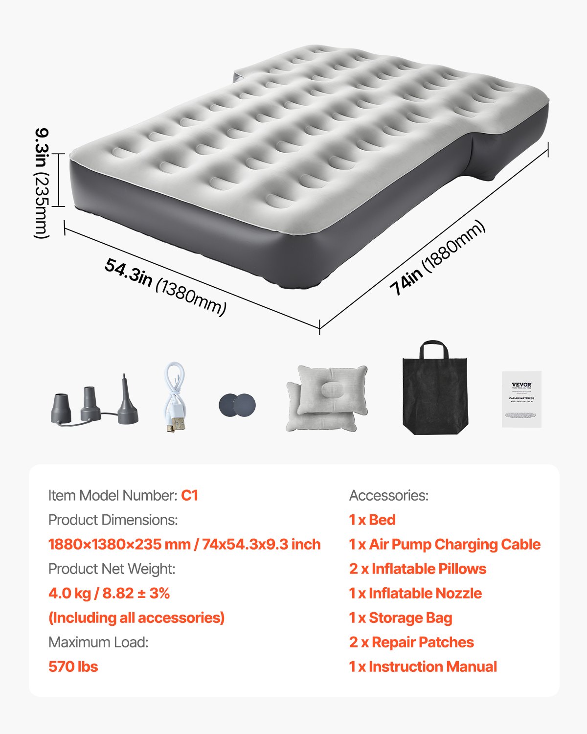 VEVOR Car Air Mattress suitable for Toyota 4Runner / Jeep Wrangler, inflatable camping mattress, flocked & thickened travel beds, portable sleeping mat with built-in pump & 2 pillows, gray