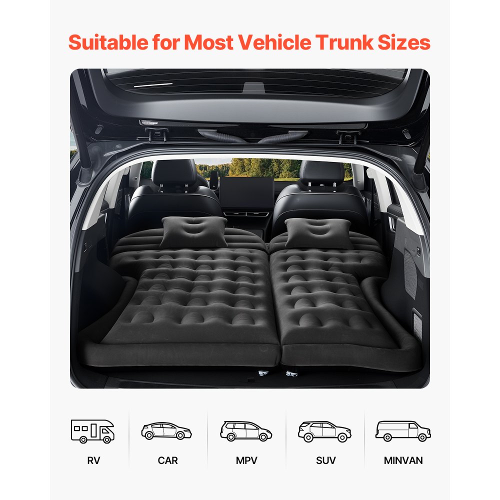 VEVOR Car Air Mattress Inflatable Camping Mattress Flocked & Thickened Travel Beds Portable Sleeping Mat with Air Pump & 2 Pillows & Nozzle & Carrying Bag, for most SUVs MPVs Sedans, Black