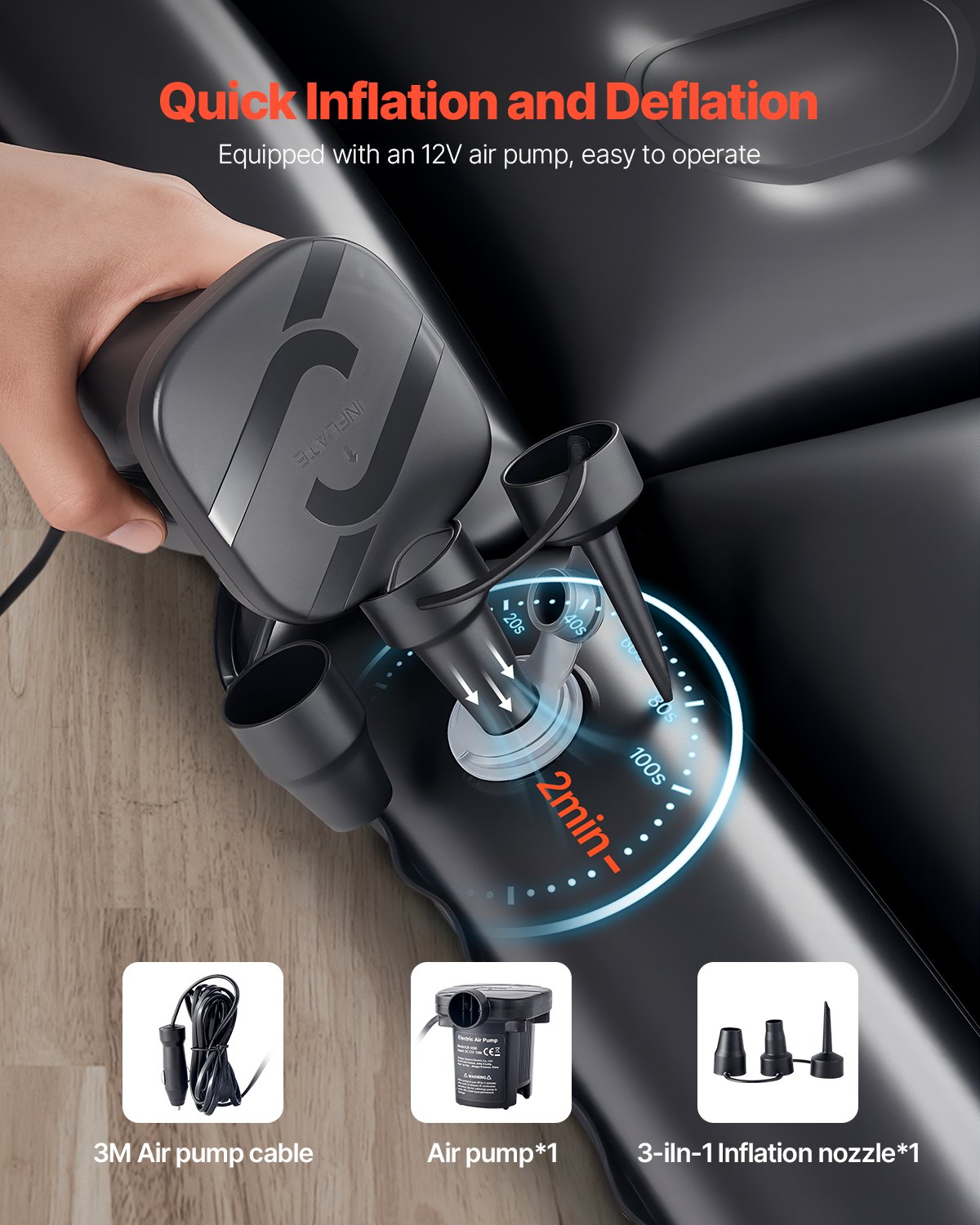 VEVOR Auto Luftmatratze aufblasbare Campingmatratze beflockte & verdickte Reisebetten tragbare Isomatte mit Luftpumpe & 2 Kissen & Düse & Tragetasche, für die meisten SUV MPV Limousinen, Schwarz