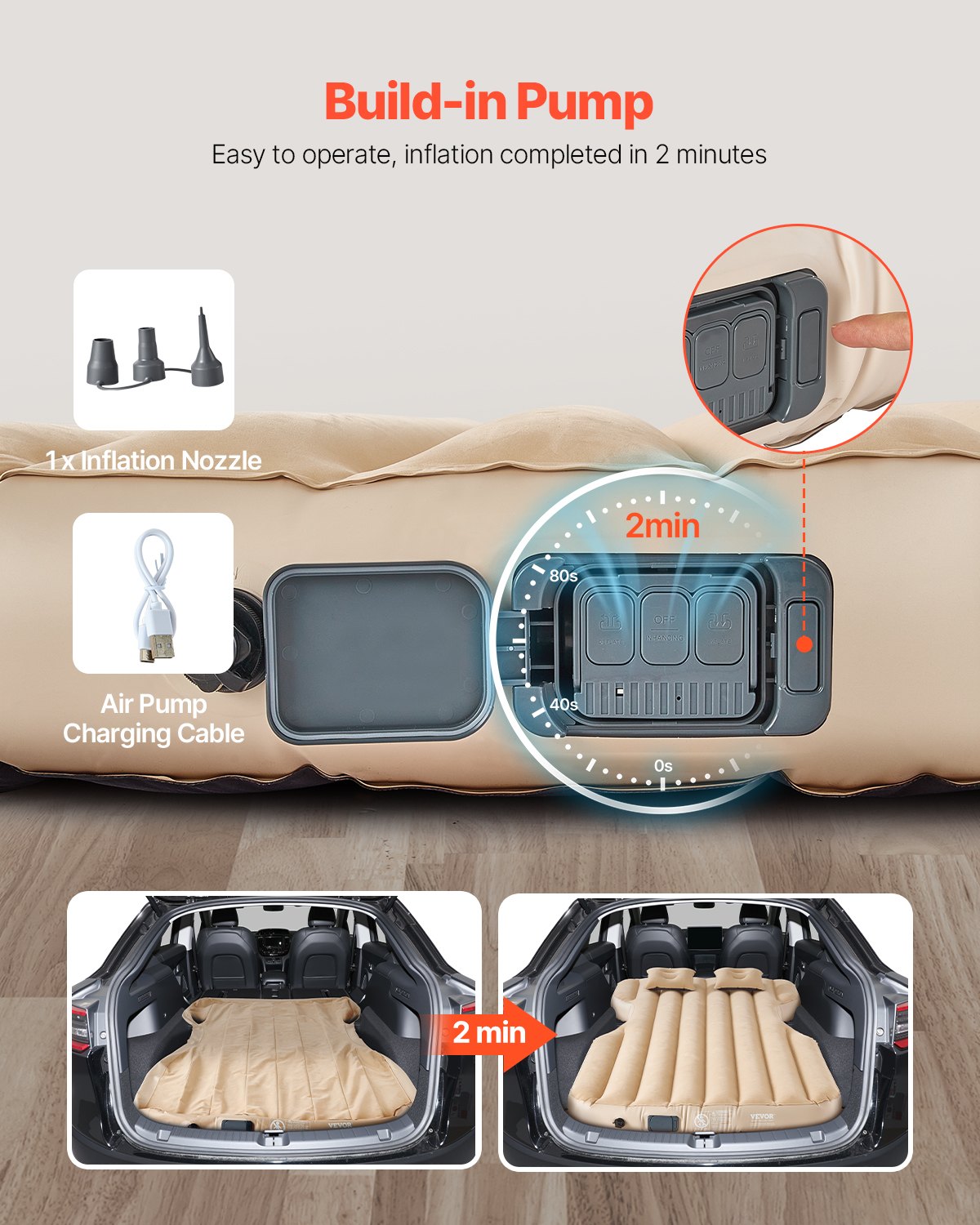 VEVOR Car Air Mattress compatible with Tesla Model Y (2020-2024), inflatable camping mattress, flocked & thickened travel beds, portable sleeping mat with built-in pump & 2 pillows, Beige