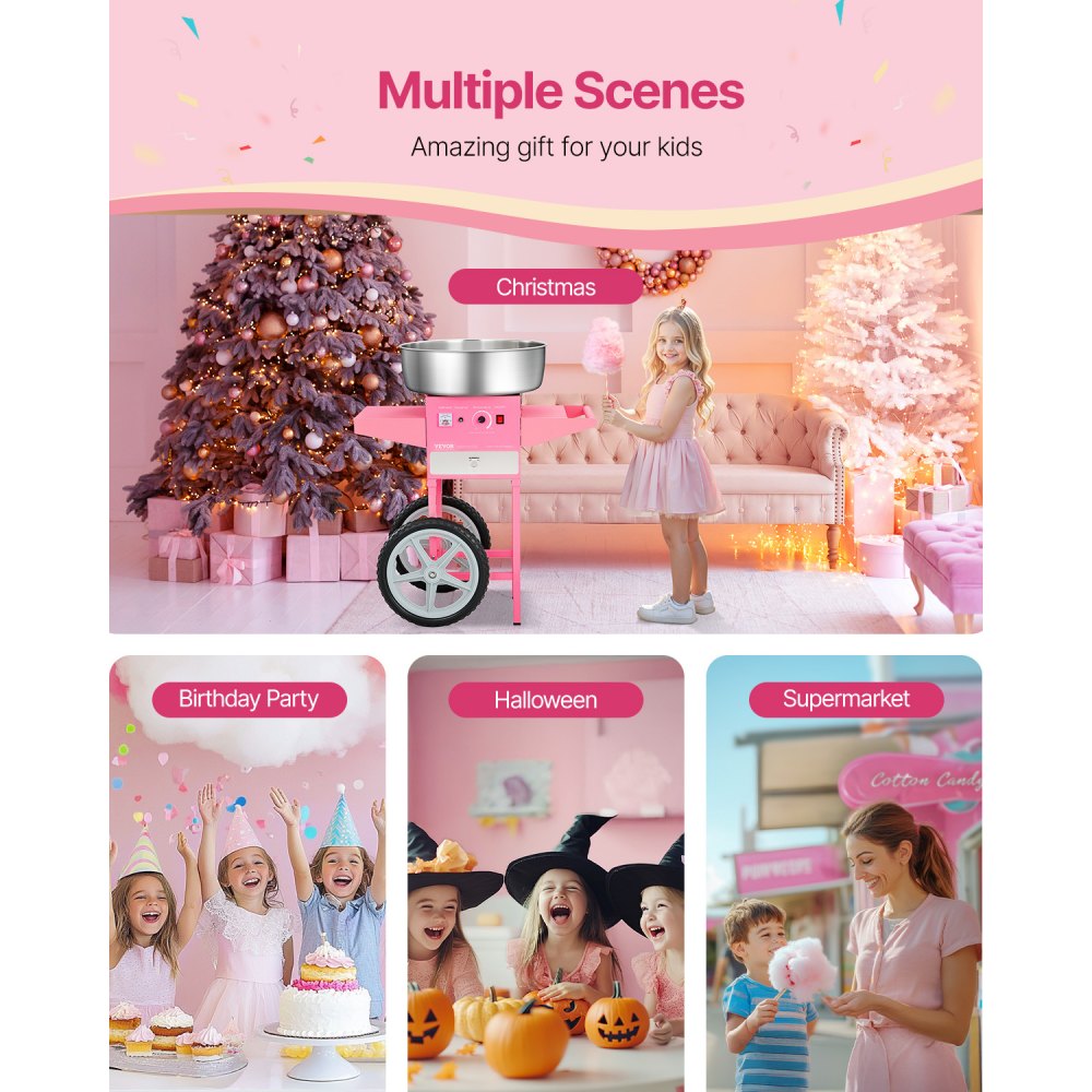 VEVOR elektrische Zuckerwattemaschine kommerzielle Zuckerwattegeräte mit Wagen (1000 W) mit 52 cm Edelstahlschüssel & Zuckerschaufel & Schublade, perfekt für Kindergeburtstage Familienfeiern Rosa