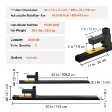 VEVOR Palettengabel 1490x70x230mm Gabelträger 907kg Tragfähigkeit Gabelzinken 149cm Gesamtlänge mit 109,2cm-Gabelblatt Gabelstapler Gabelstaplerzinken Frontlader Palettenrahmen