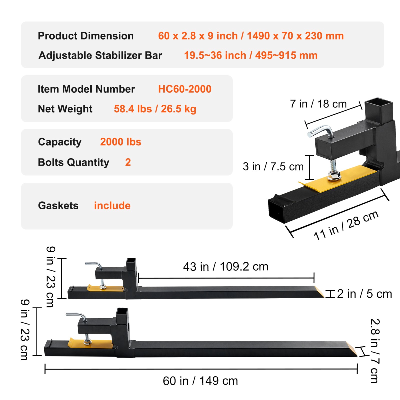 VEVOR Palettengabel 1490x70x230mm Gabelträger 907kg Tragfähigkeit Gabelzinken 149cm Gesamtlänge mit 109,2cm-Gabelblatt Gabelstapler Gabelstaplerzinken Frontlader Palettenrahmen