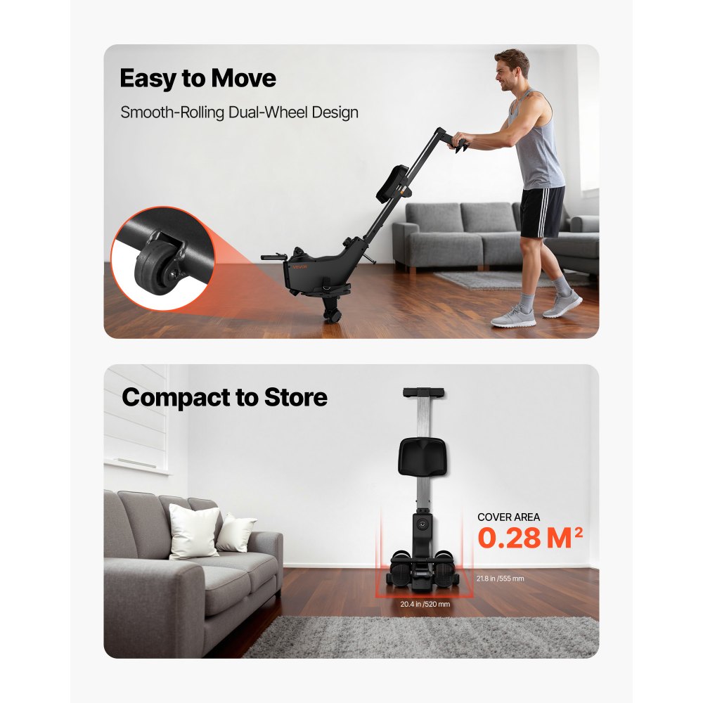 VEVOR leises magnetisches Rudergerät 16 Widerstandsstufen, faltbares Rudergerät für Zuhause mit leichtgängigem Riemenscheibendesign & LCD-Monitor, Bluetooth-App-kompatibel, 158 kg belastbar