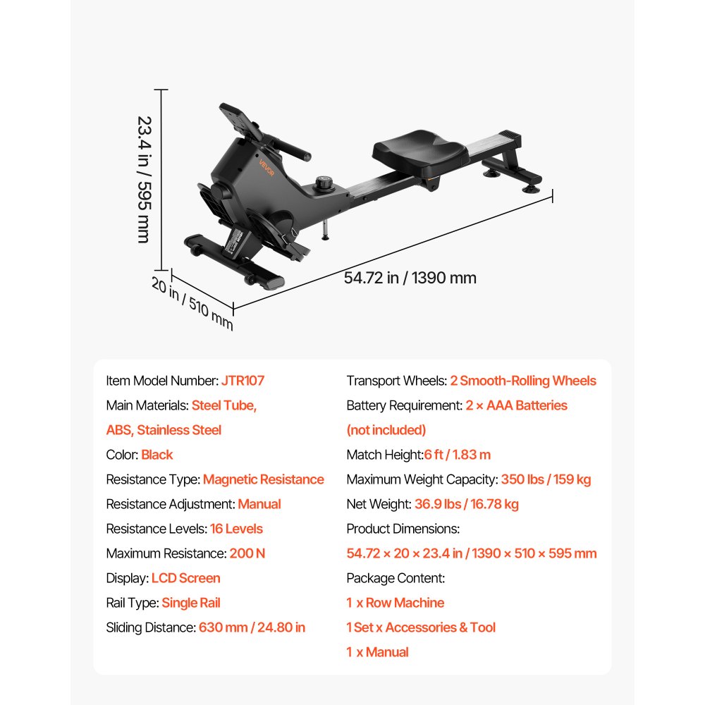 VEVOR leises magnetisches Rudergerät 16 Widerstandsstufen, faltbares Rudergerät für Zuhause mit leichtgängigem Riemenscheibendesign & LCD-Monitor, Bluetooth-App-kompatibel, 158 kg belastbar