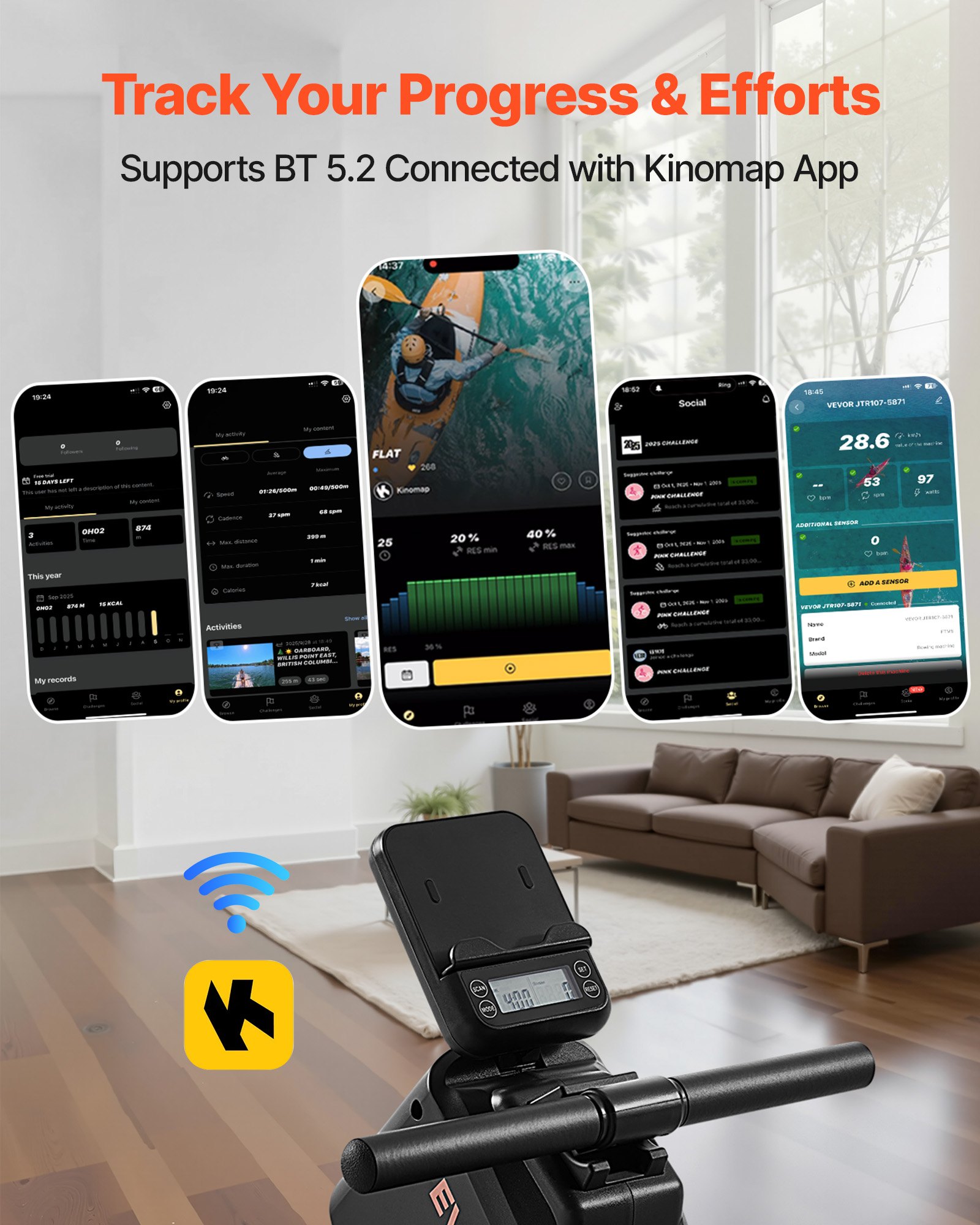 VEVOR leises magnetisches Rudergerät 16 Widerstandsstufen, faltbares Rudergerät für Zuhause mit leichtgängigem Riemenscheibendesign & LCD-Monitor, Bluetooth-App-kompatibel, 158 kg belastbar