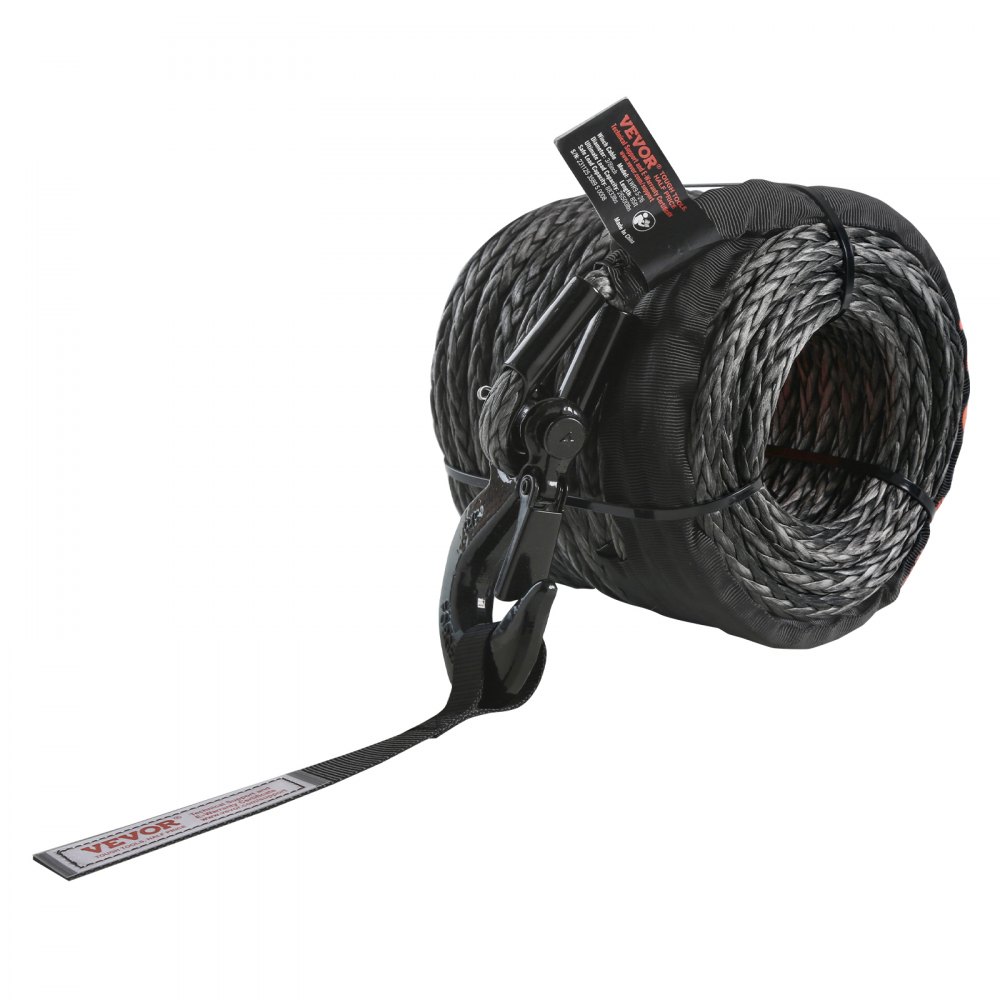 VEVOR 9.5 mm x 30.5 m synthetic winch rope made of 12 strands of high-molecular-weight polyethylene fibers. Powerline winch rope ideal for pulling ATVs, UTVs, cars, SUVs and large off-road vehicles.