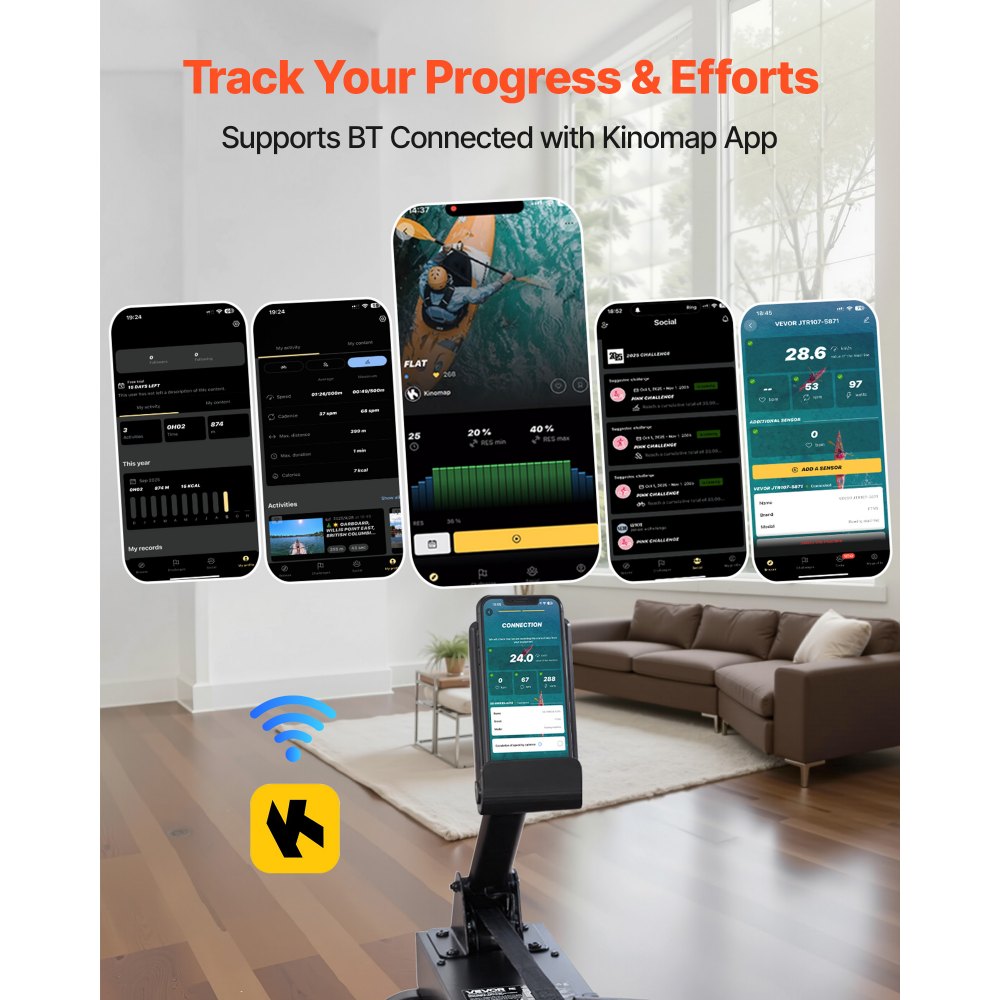 VEVOR Rudergerät 6-stufiger leiser Widerstand, faltbares Wasserrudergerät aus Holz mit 14 L Wassertank & LCD-Monitor, Bluetooth-App-kompatibel, 158 kg Gewichtskapazität, immersives Rudergerät