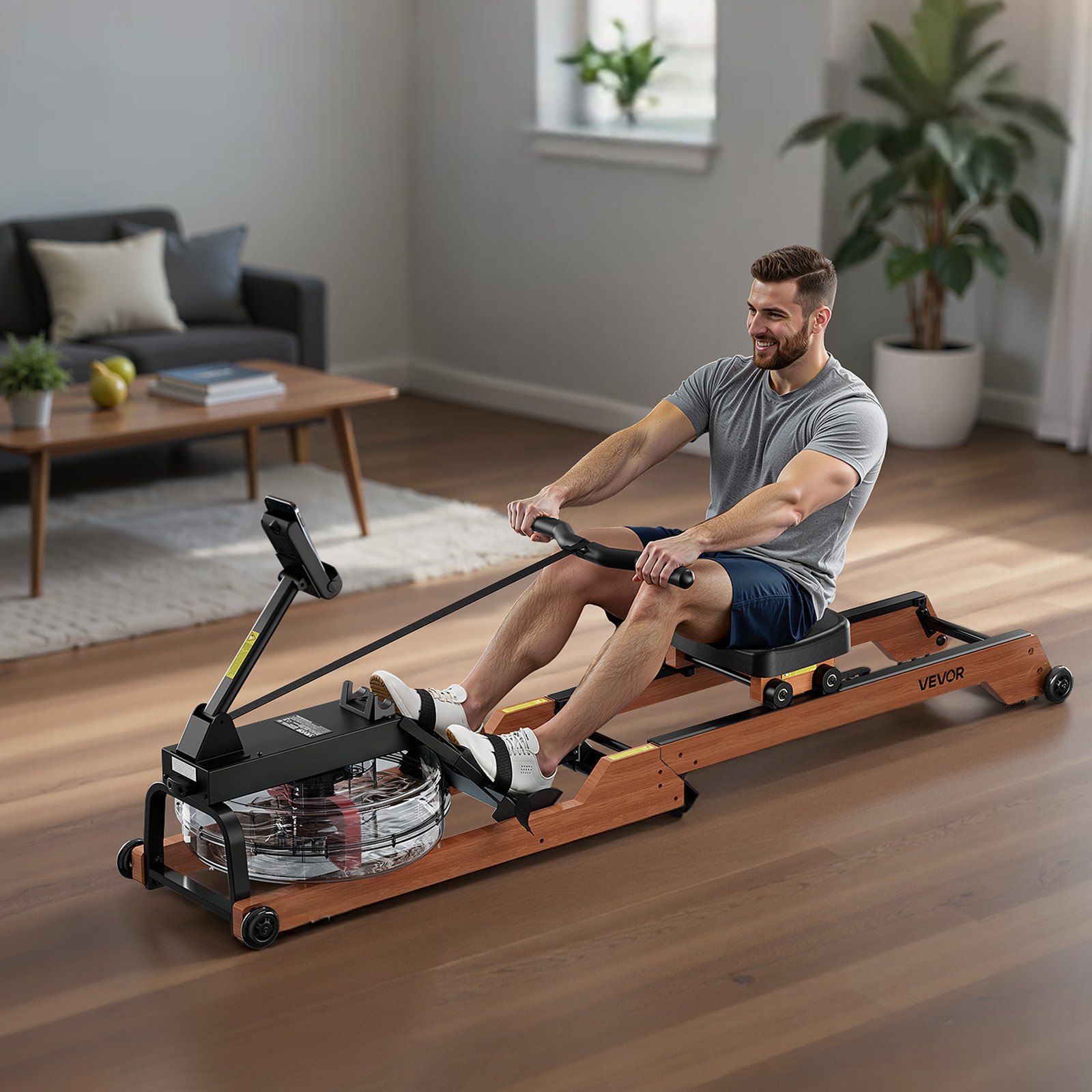 VEVOR Rudergerät 6-stufiger leiser Widerstand, faltbares Wasserrudergerät aus Holz mit 14 L Wassertank & LCD-Monitor, Bluetooth-App-kompatibel, 158 kg Gewichtskapazität, immersives Rudergerät
