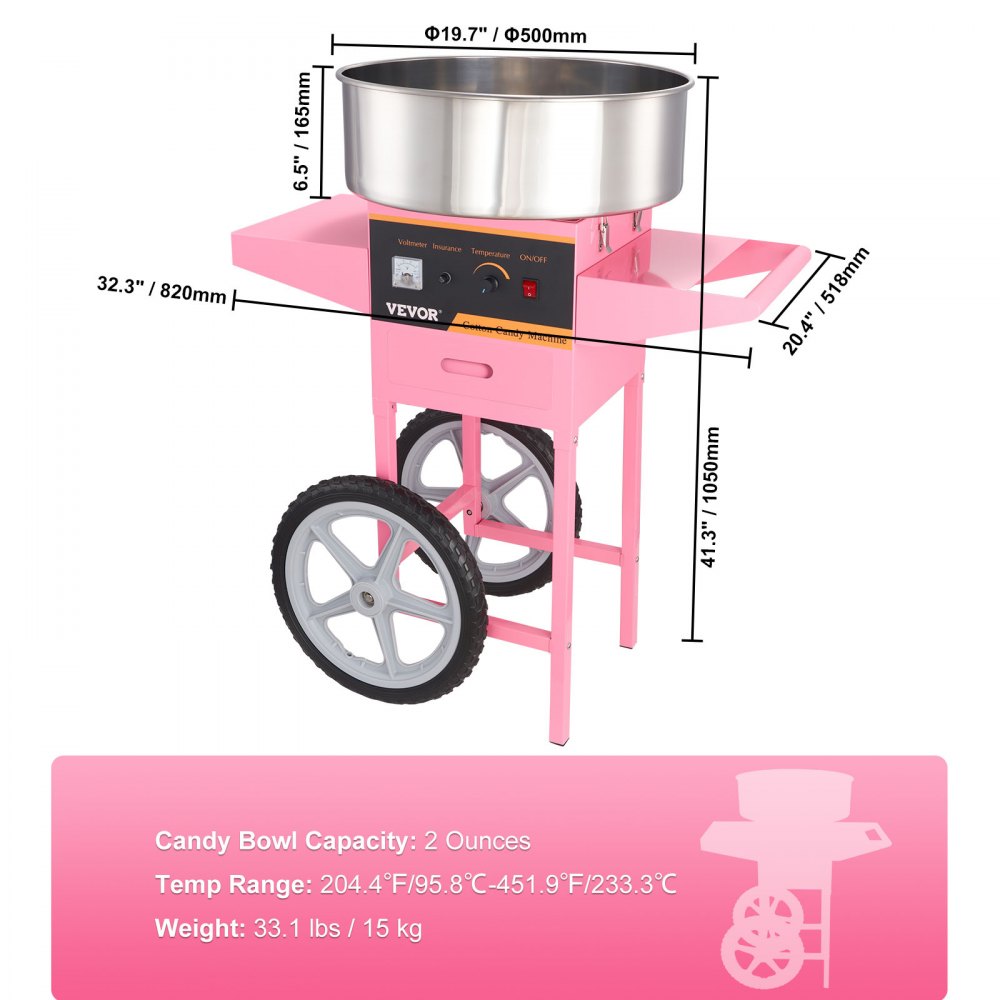 VEVOR Elektrische Zuckerwattemaschine mit Wagen, 1000 W, Kommerzielles Zuckerwattegerät mit Edelstahlschüssel, Zuckerschaufel und Schublade, Perfekt für Kindergeburtstag, Familienfeier, Rosa