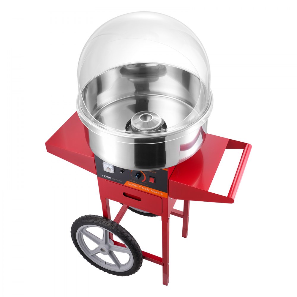 VEVOR Elektrische Zuckerwattemaschine mit Wagen, 1 kW kommerzielle Zuckerwattemaschine mit Abdeckung, Edelstahlschüssel, Zuckerschaufel und Schublade, für Kindergeburtstage, Familienfeiern, Rot