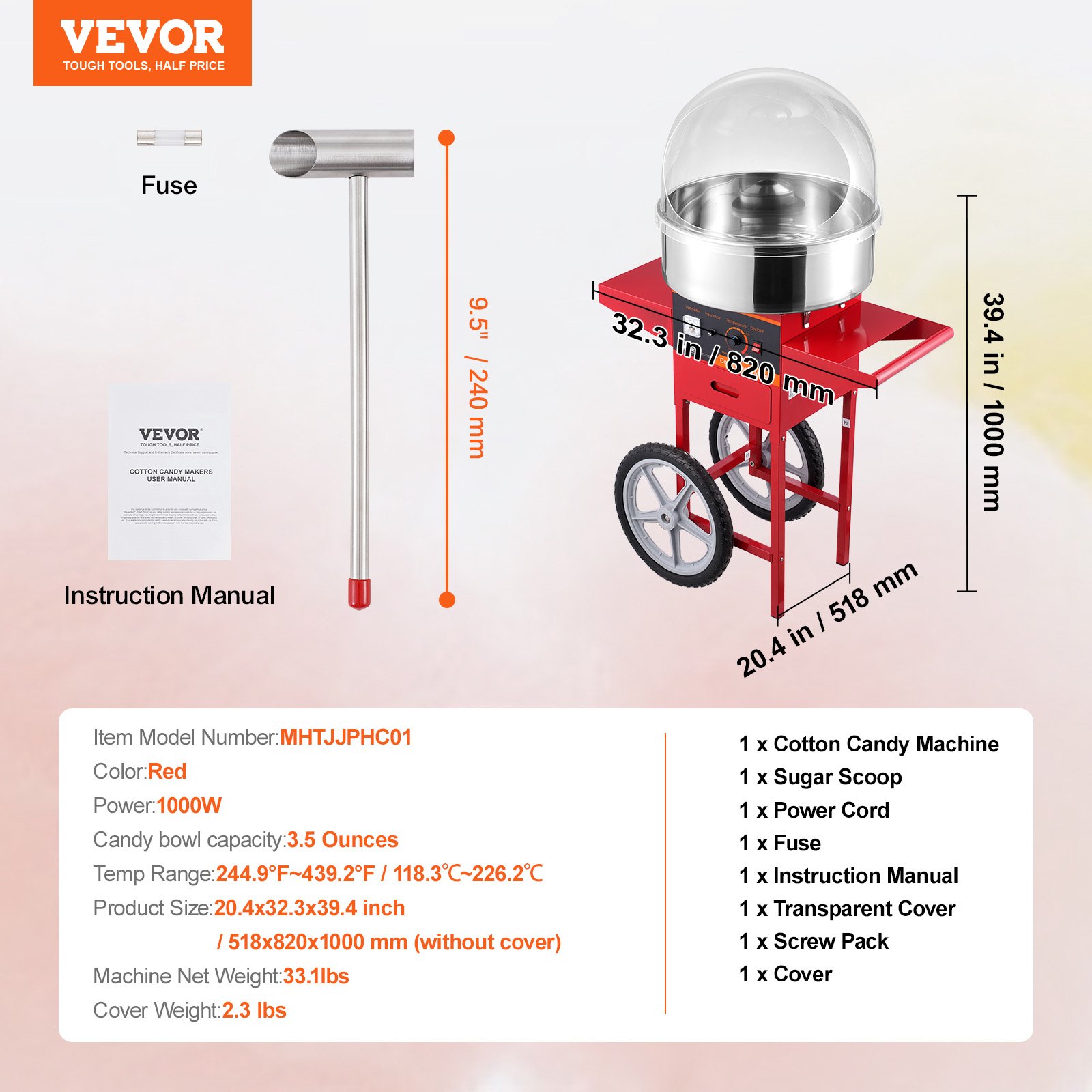 VEVOR Elektrische Zuckerwattemaschine mit Wagen, 1 kW kommerzielle Zuckerwattemaschine mit Abdeckung, Edelstahlschüssel, Zuckerschaufel und Schublade, für Kindergeburtstage, Familienfeiern, Rot