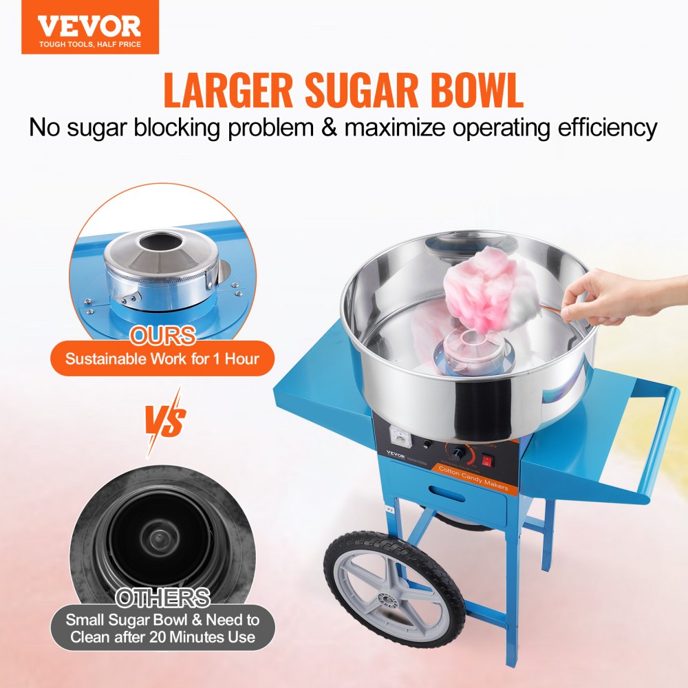 VEVOR Elektrische Zuckerwattemaschine mit Wagen, 1000 W kommerzielle Zuckerwattemaschine mit Edelstahlschüssel, Zuckerschaufel & Schublade, perfekt für Kindergeburtstage, Familienfeiern, blau