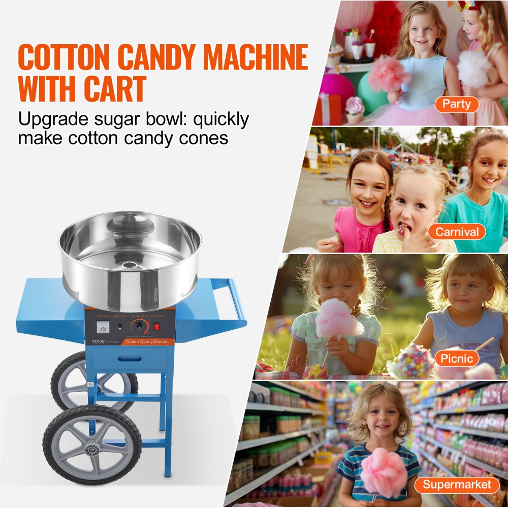 VEVOR Elektrische Zuckerwattemaschine mit Wagen, 1000 W kommerzielle Zuckerwattemaschine mit Edelstahlschüssel, Zuckerschaufel & Schublade, perfekt für Kindergeburtstage, Familienfeiern, blau