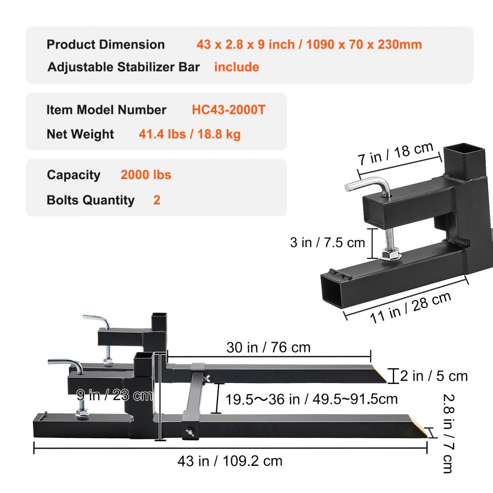 VEVOR Pallet Forks 1090x70x230mm Fork carriage 907kg load capacity Fork length 109cm with 76cm fork blade Forklift 495-915mm Adjustable Forklift tines Front loader Pallet frame