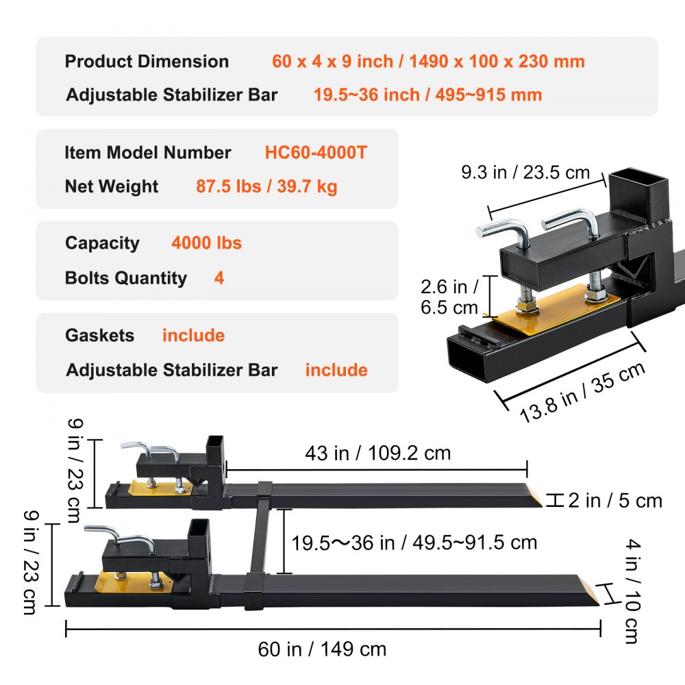 VEVOR Palettengabel 1490x100x230mm Gabelträger 1814kg Tragfähigkeit Gabelzinken 149cm Gesamtlänge mit 109,2cm-Gabelblatt Gabelstapler 495-915mm Einstellbar Gabelstaplerzinken Frontlader Palettenrahmen