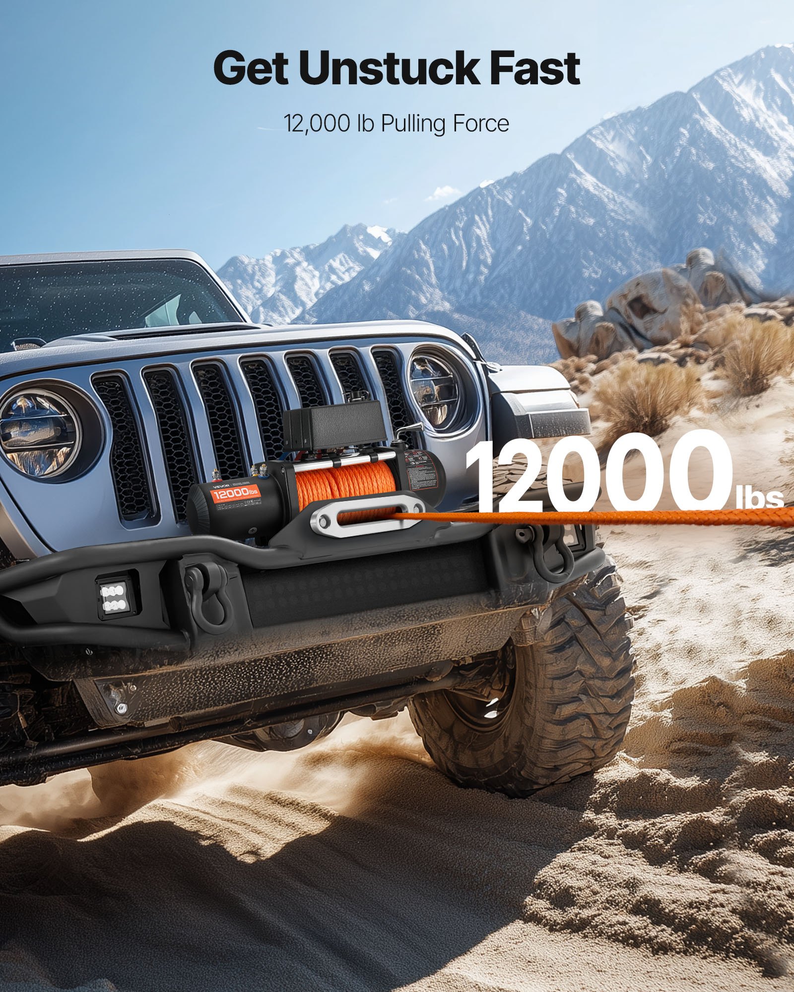 VEVOR Elektrische Seilwinde, 5400 kg, 12 V DC LKW-Winde mit Φ9,1mm x 23m Synthetikseil, kabellose & kabelgebundene Fernbedienung, IP55 zum Abschleppen von Geländewagen, Jeeps, Anhängern & Booten