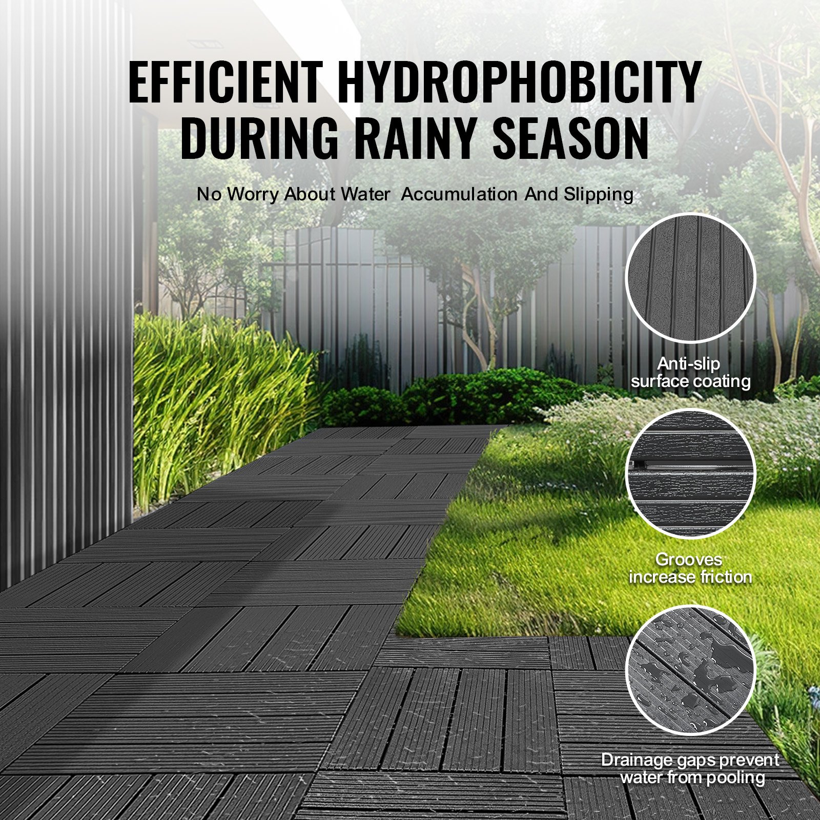 VEVOR Terrassenfliesen, 36er-Set, Balkonfliesen 30 x 30 cm, Klickfliesen, wasserdichter Kunststoff-Bodenbelag für den Außenbereich, Terrassenbodenbelag für Veranda, Pool, Balkon, Hinterhof, Dunkelgrau