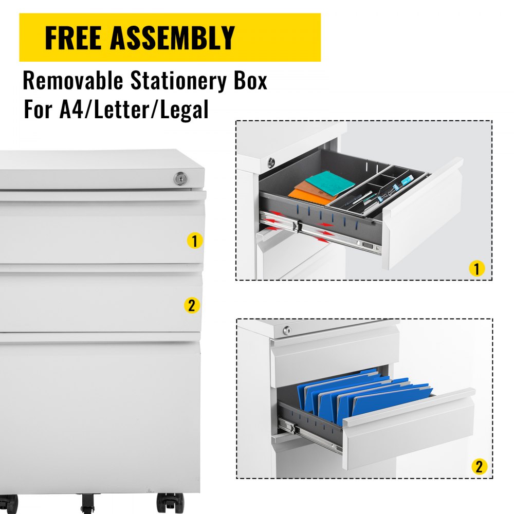 VEVOR Rollcontainer mit 3 Schubladen SPCC pulverbeschichtet mobiler Aktenschrank 500x400x620mm Büromöbel abschließbar Weiß 80kg tragbar ideal zum Lagern von Dokumenten für Büro Schule Krankenhaus