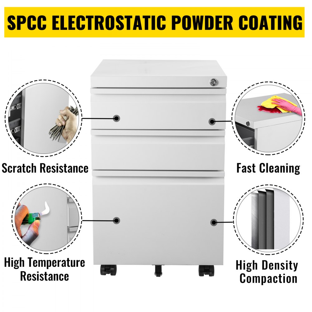 VEVOR Rollcontainer mit 3 Schubladen SPCC pulverbeschichtet mobiler Aktenschrank 500x400x620mm Büromöbel abschließbar Weiß 80kg tragbar ideal zum Lagern von Dokumenten für Büro Schule Krankenhaus