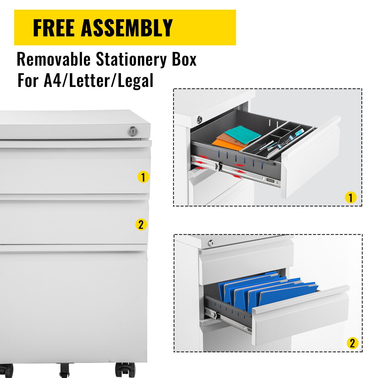 VEVOR Rollcontainer mit 3 Schubladen SPCC pulverbeschichtet mobiler Aktenschrank 500x400x620mm Büromöbel abschließbar Weiß 80kg tragbar ideal zum Lagern von Dokumenten für Büro Schule Krankenhaus