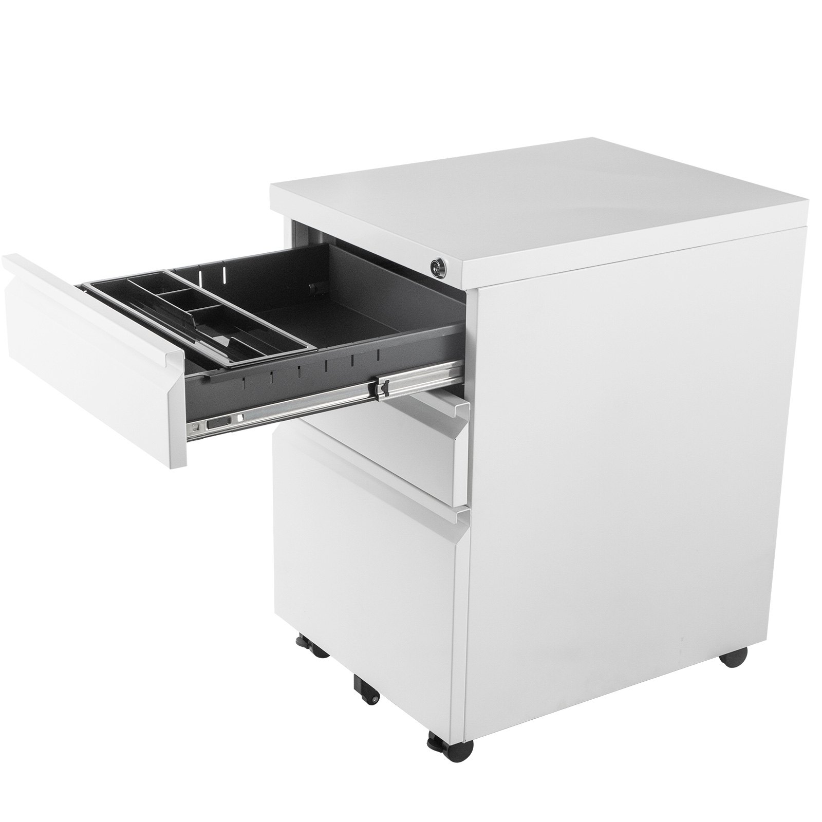 VEVOR Rollcontainer mit 3 Schubladen SPCC pulverbeschichtet mobiler Aktenschrank 500x400x620mm Büromöbel abschließbar Weiß 80kg tragbar ideal zum Lagern von Dokumenten für Büro Schule Krankenhaus