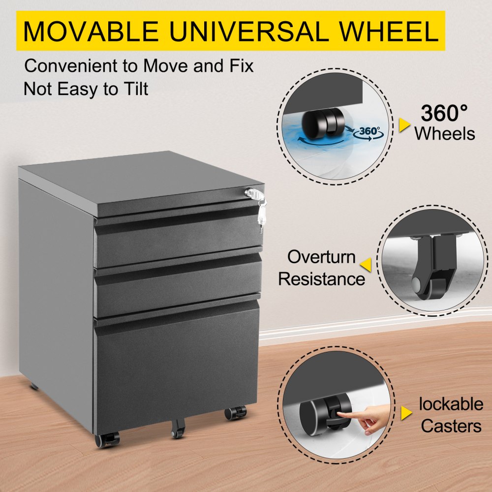 VEVOR Rollcontainer mit 3 Schubladen SPCC pulverbeschichtet mobiler Aktenschrank 500x400x620mm Büromöbel abschließbar Schwarz 80kg tragbar ideal zum Lagern von Dokumenten für Büro Schule Krankenhaus