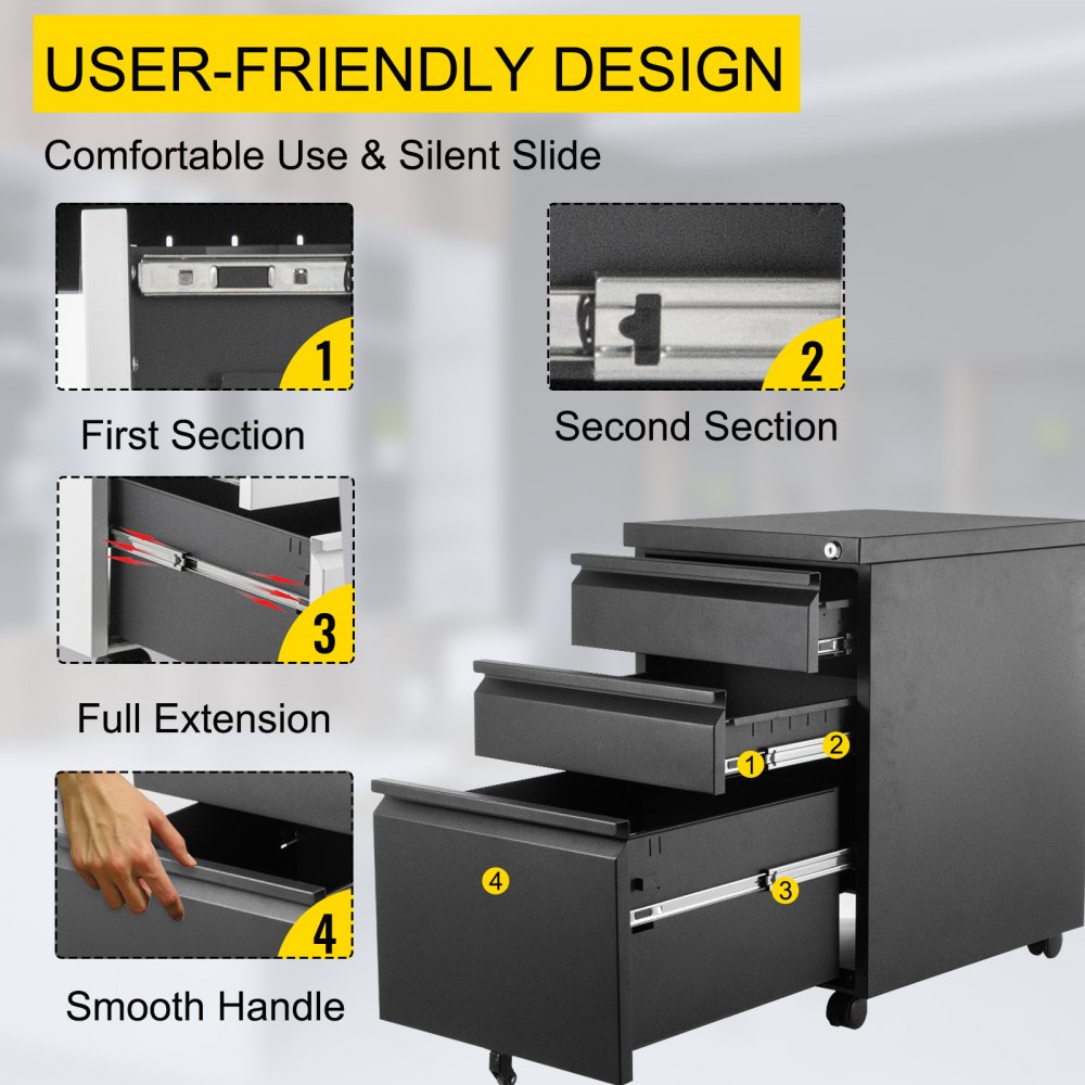 VEVOR Rollcontainer mit 3 Schubladen SPCC pulverbeschichtet mobiler Aktenschrank 500x400x620mm Büromöbel abschließbar Schwarz 80kg tragbar ideal zum Lagern von Dokumenten für Büro Schule Krankenhaus