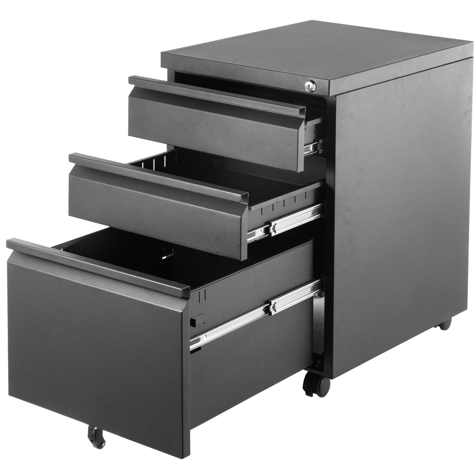 VEVOR Rollcontainer mit 3 Schubladen SPCC pulverbeschichtet mobiler Aktenschrank 500x400x620mm Büromöbel abschließbar Schwarz 80kg tragbar ideal zum Lagern von Dokumenten für Büro Schule Krankenhaus