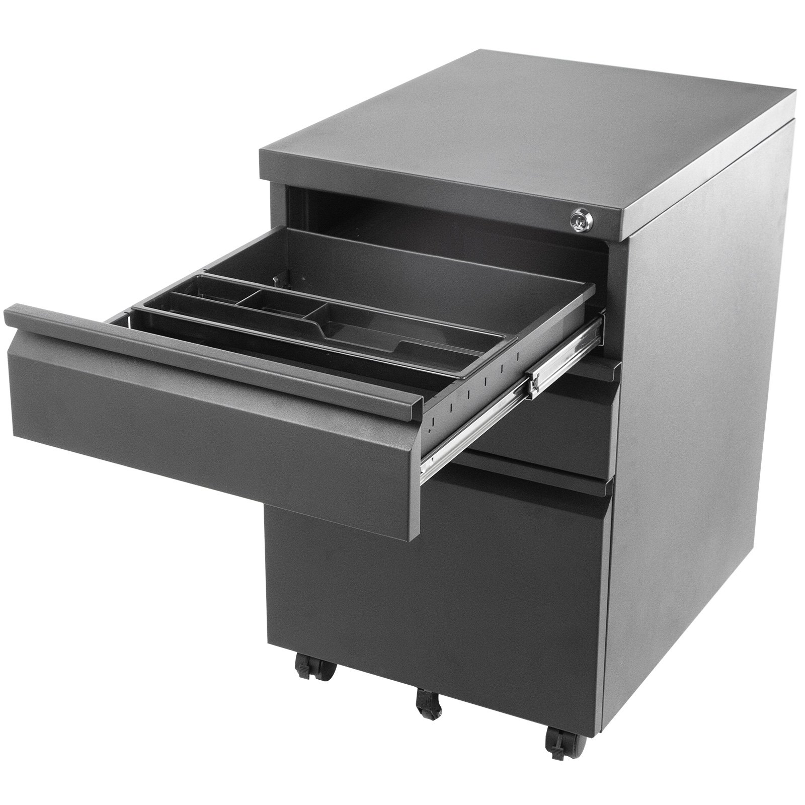 VEVOR Rollcontainer mit 3 Schubladen SPCC pulverbeschichtet mobiler Aktenschrank 500x400x620mm Büromöbel abschließbar Schwarz 80kg tragbar ideal zum Lagern von Dokumenten für Büro Schule Krankenhaus