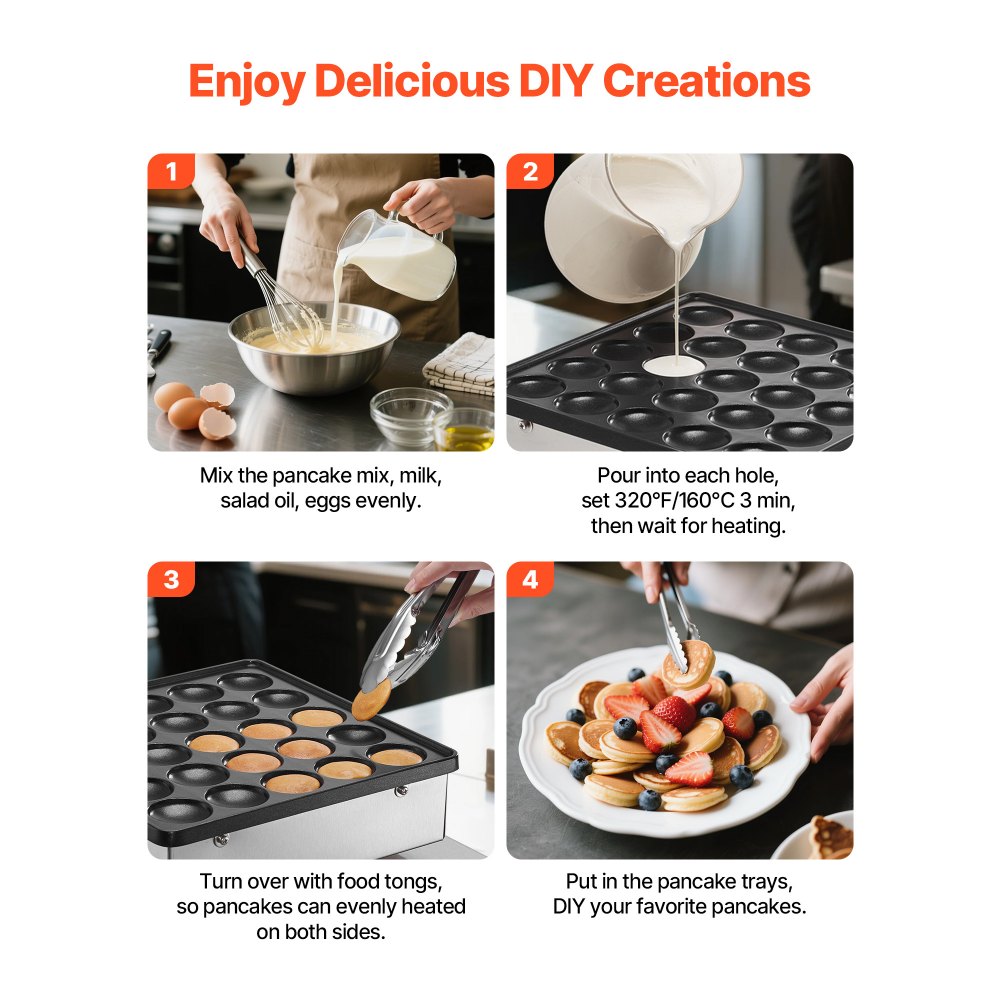 VEVOR Mini Pfannkuchenmaker Dutch Muffin Waffeleisen mit 43 mm Durchmesser, antihaftbeschichteter Poffertjes-Grill aus Edelstahl, elektrischer Mini Pancake Bäcker für Zuhause Küche Restaurant