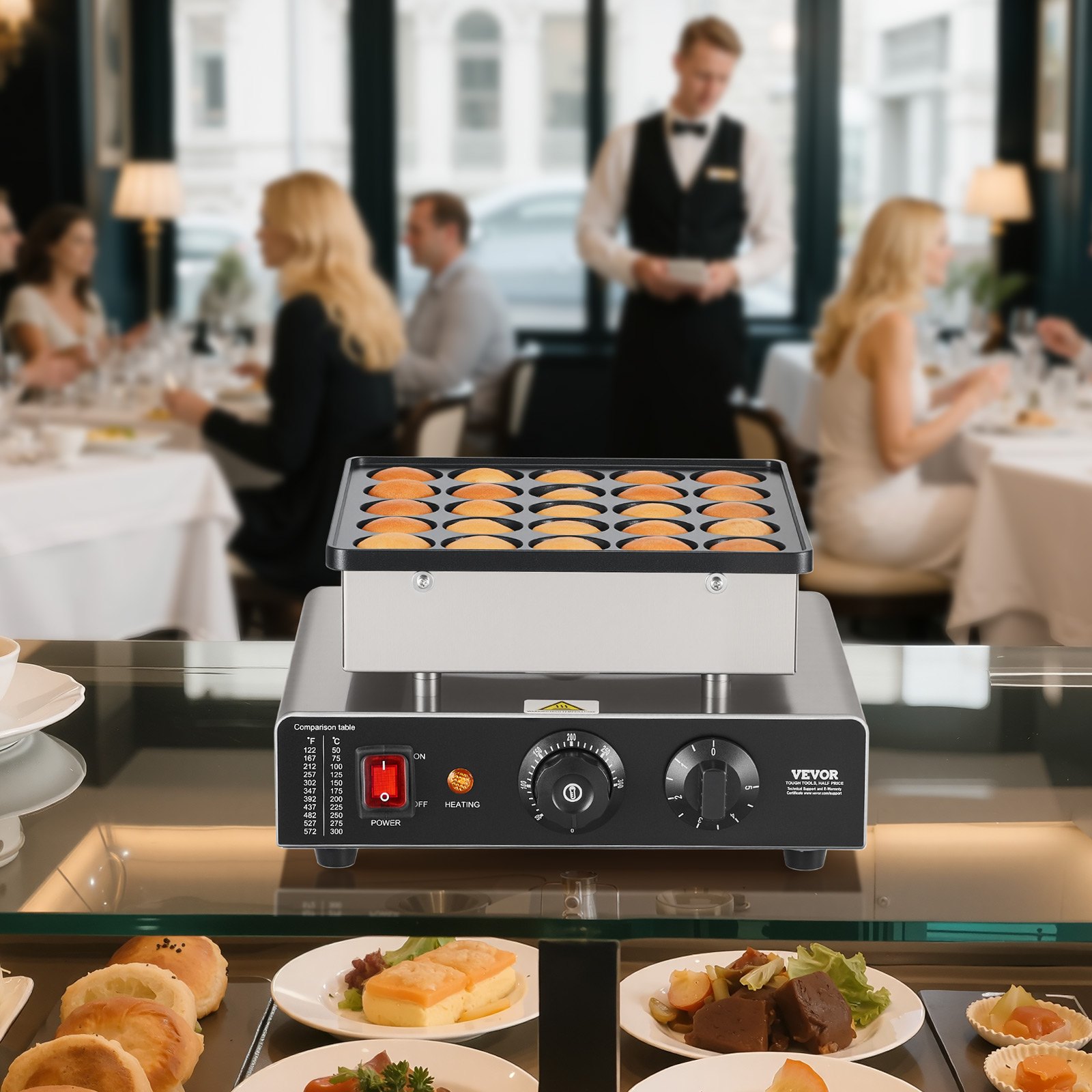 VEVOR Mini Pfannkuchenmaker Dutch Muffin Waffeleisen mit 43 mm Durchmesser, antihaftbeschichteter Poffertjes-Grill aus Edelstahl, elektrischer Mini Pancake Bäcker für Zuhause Küche Restaurant