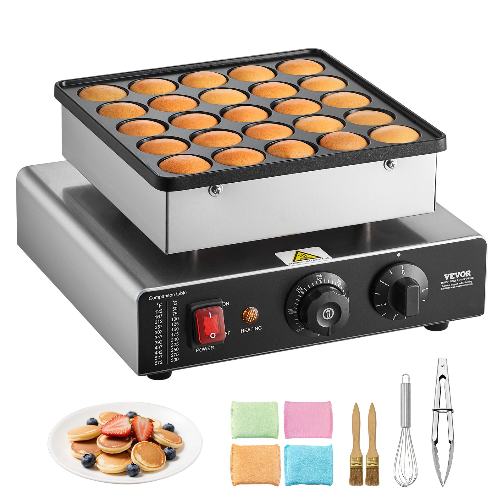 VEVOR Mini Pfannkuchenmaker Dutch Muffin Waffeleisen mit 43 mm Durchmesser, antihaftbeschichteter Poffertjes-Grill aus Edelstahl, elektrischer Mini Pancake Bäcker für Zuhause Küche Restaurant