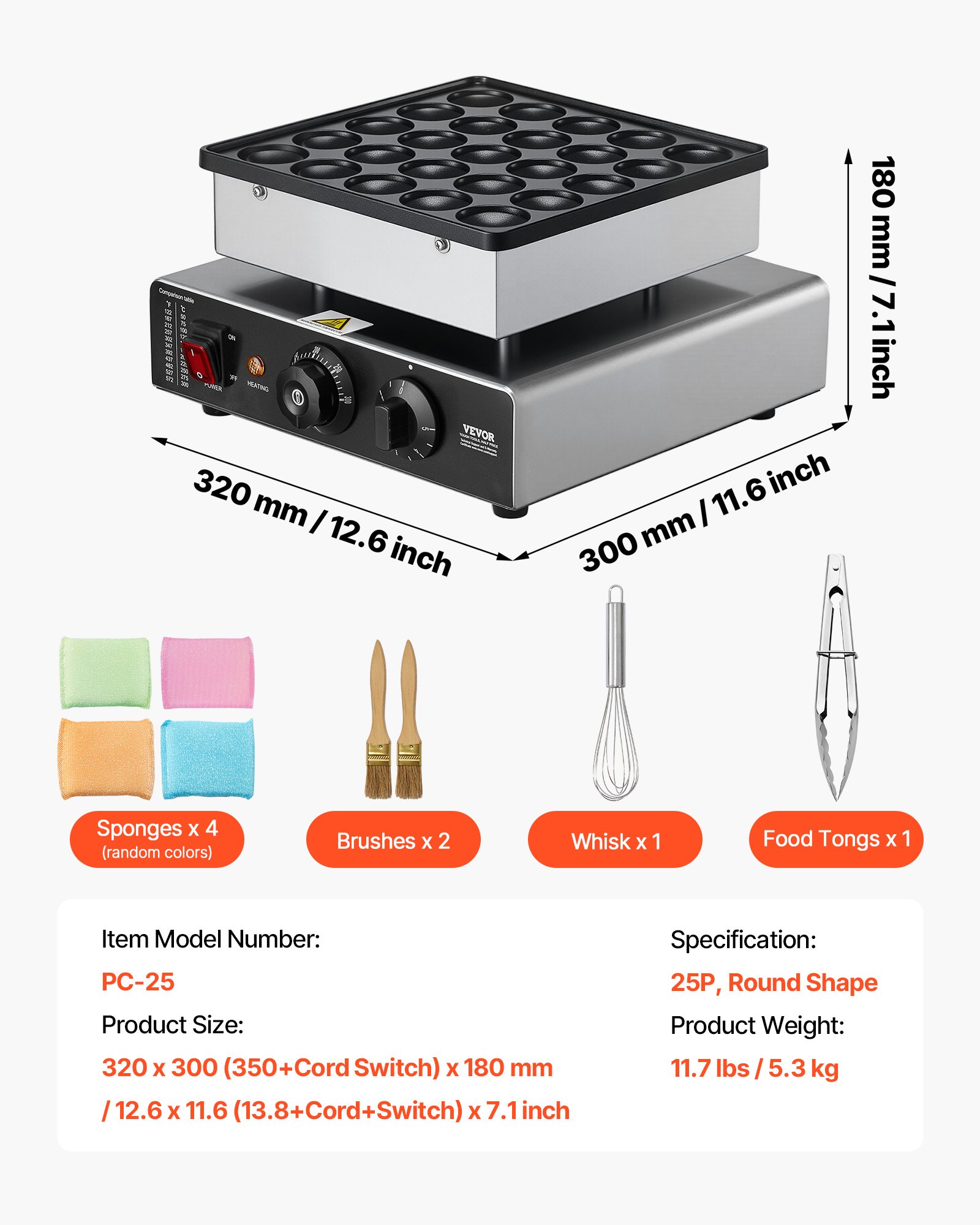 VEVOR Mini Pancake Maker, 25PCS 43mm Diameter Dutch Muffin Waffle Baker, Non-stick Stainless Steel Poffertjes Grill, Commercial Electric Dorayaki Machine, Temp & Time Control, Home Kitchen Restaurant