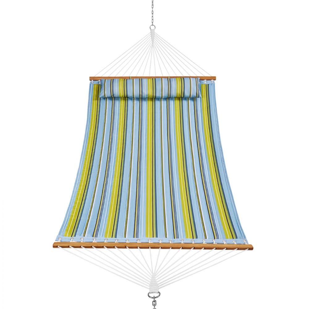 VEVOR Hängematte 3,66 m Doppelhängematte mit Spreizstangen aus Hartholz, gesteppte Hängematte für 2 Personen mit abnehmbarem Kissen und Ketten für Außenbereich 218 kg Tragkraft Grün gestreift