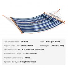 VEVOR Hängematte 3,66 m Doppelhängematte mit Spreizstangen aus Hartholz, gesteppte Hängematte für 2 Personen mit abnehmbarem Kissen und Ketten für Camping, Terrasse, Strand, 218 kg Tragkraft