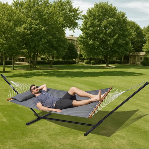 VEVOR Hngematte fr 2 Personen, 207 kg Tragfhigkeit, Doppelhngematte mit  3,66 m Stahlstnder und tragbarer Tragetasche & Kissen freistehende  Hngematte fr den Auenbereich Terrasse Garten Strand | VEVOR DE
