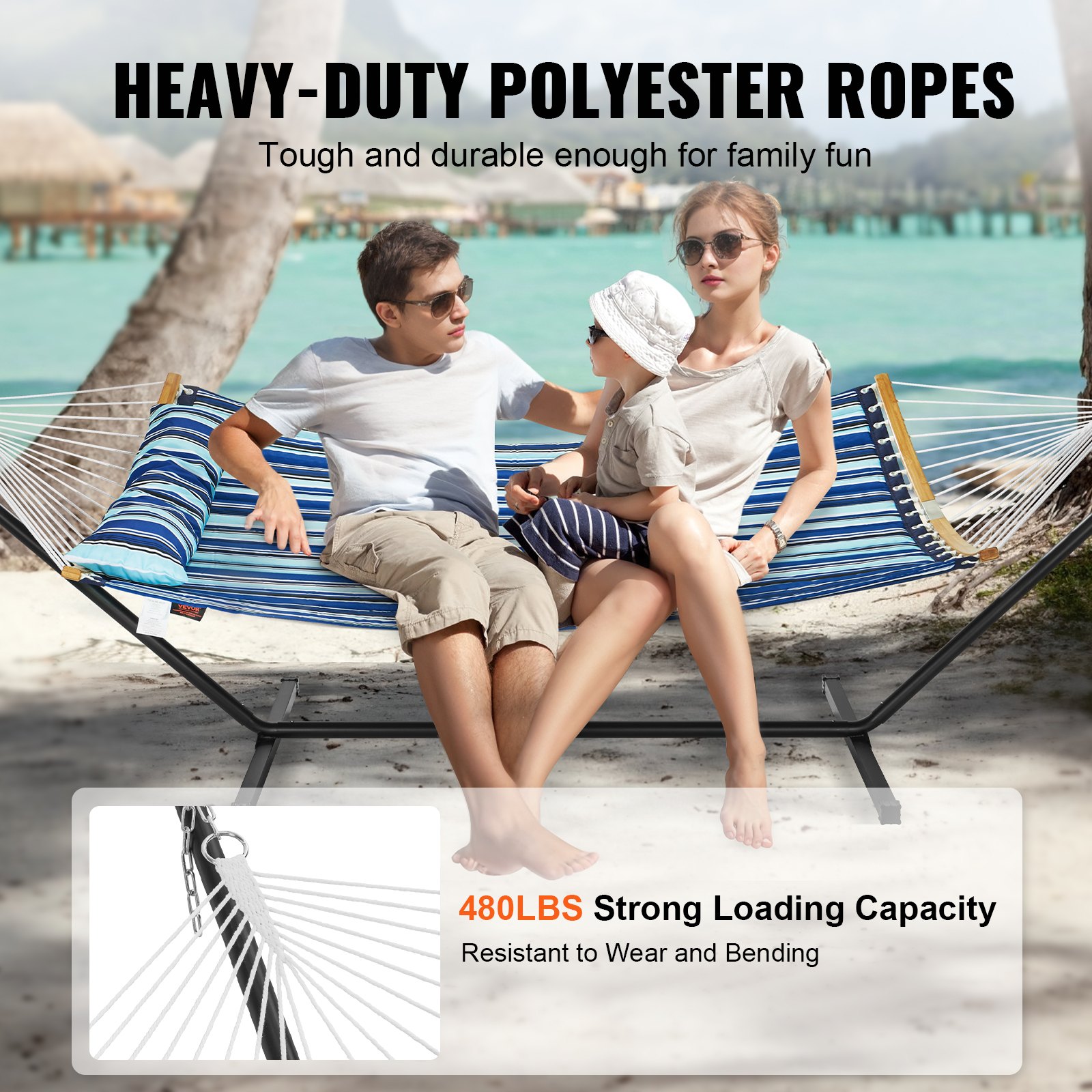 VEVOR Hängematte für 2 Personen Doppelhängematte mit gebogenem Spreizstab abnehmbarem Kissen und tragbarer Tragetasche Hängematte für den Außenbereich Tragfähigkeit 200 kg Blau-Weiß-StreifenGesteppte