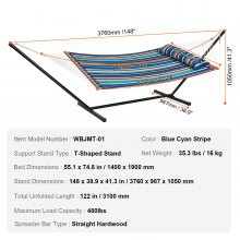 VEVOR Hängematte für 2 Personen mit Ständer, 207 kg Tragkraft, Doppelhängematte mit 3,66 m Stahlständer und tragbarer Tragetasche und Kissen, Hängematte für den Außenbereich, Terrasse, Garten, Strand