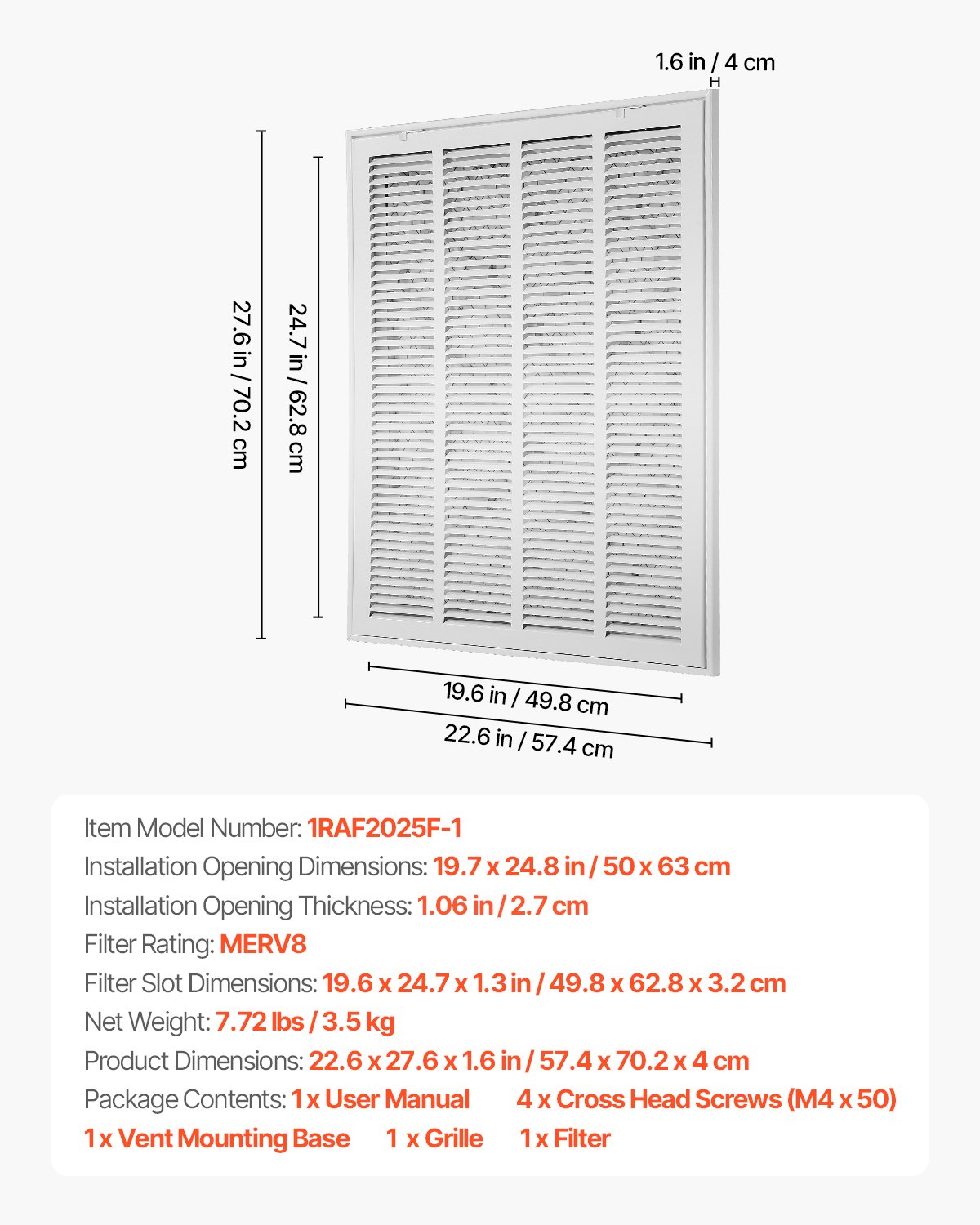 VEVOR Lüftungsgitter 57,4x70,2x4cm, passend für Installationsöffnung von 50x63 cm (B x H), Filter im Lieferumfang enthalten, Abluftgitter für die Wand, Lamellengitter aus Stahl,