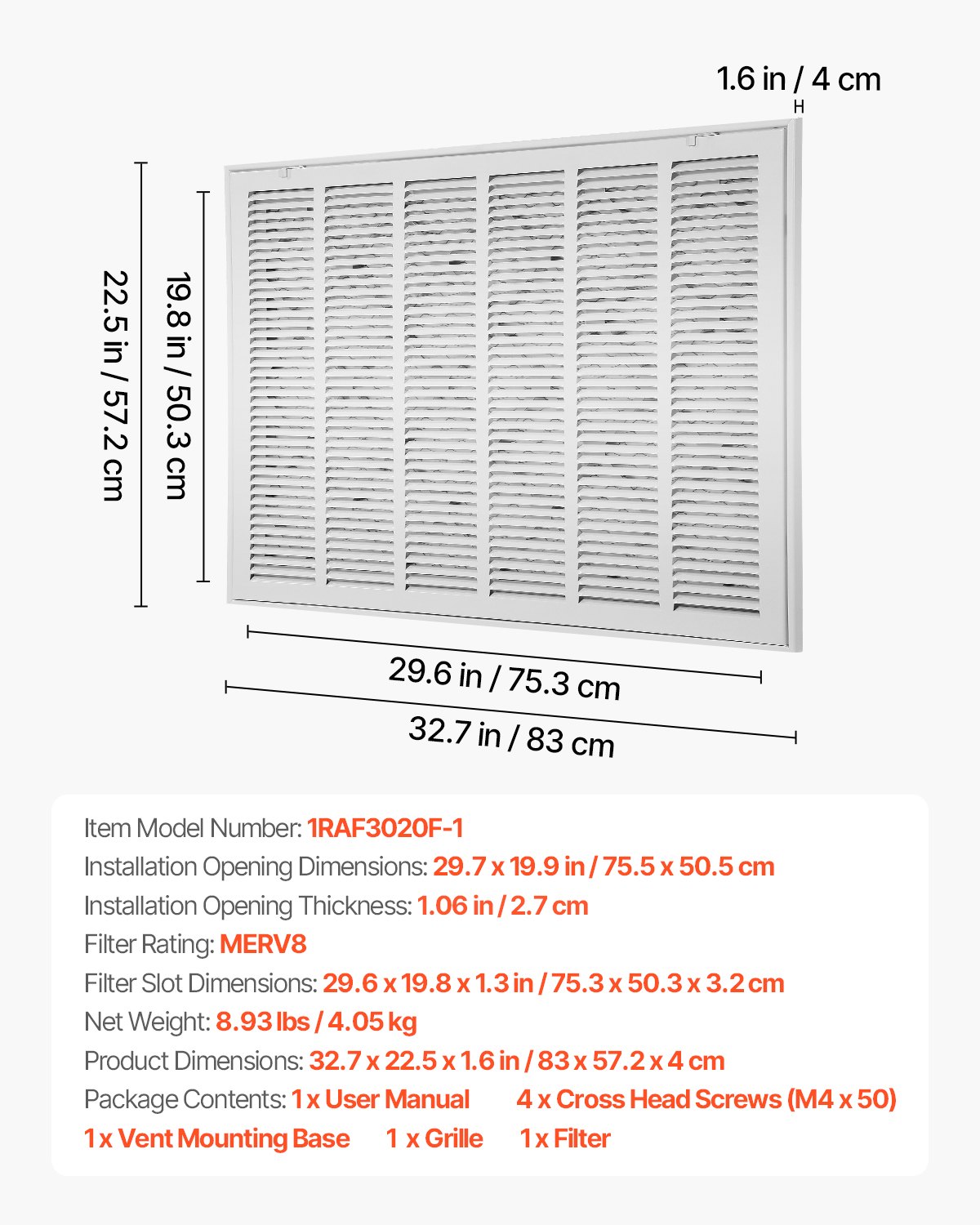 VEVOR Lüftungsgitter, passend für Installationsöffnung von 75,5x50,5 cm, Filter im Lieferumfang enthalten, Abluftgitter, Lamellengitter für die Wand, pulverbeschichtetes Rückluftgitter aus Stahl