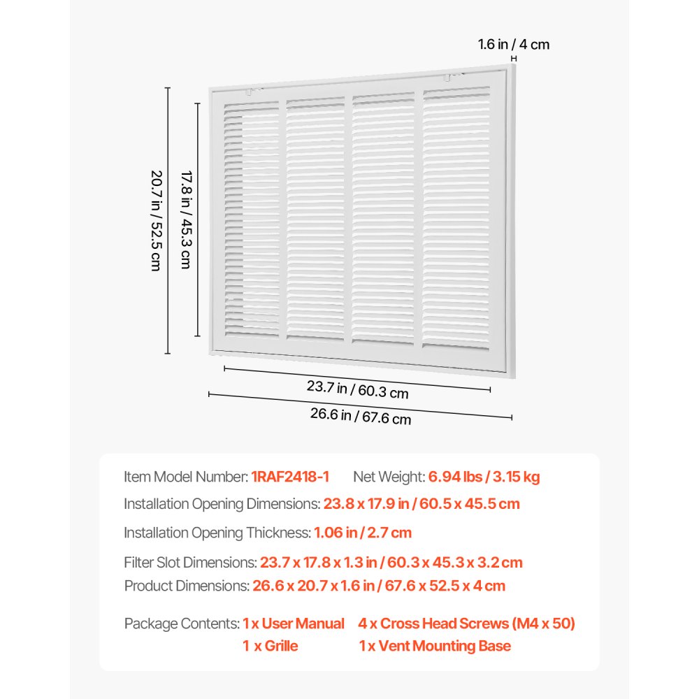VEVOR Rückluftfiltergitter, passend für Installationsöffnung (60,5x45,5 cm), Filter NICHT im Lieferumfang enthalten, Abluftgitter für die Wand, pulverbeschichtetes Rückluftgitter aus Stahl
