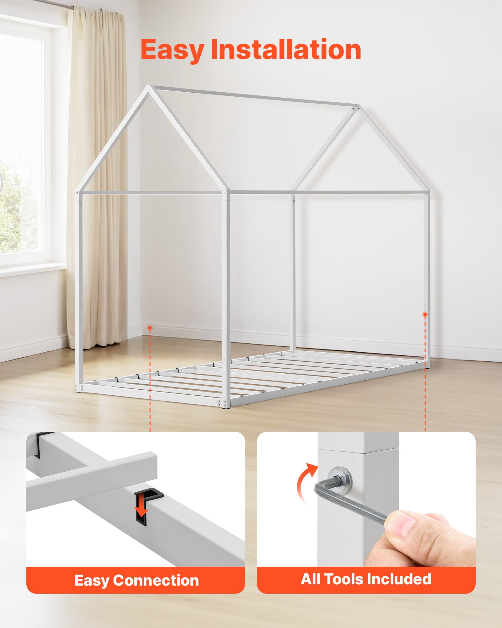 VEVOR Hausbettrahmen Twin Size Metall Bodenbettrahmen mit Dach Weiß