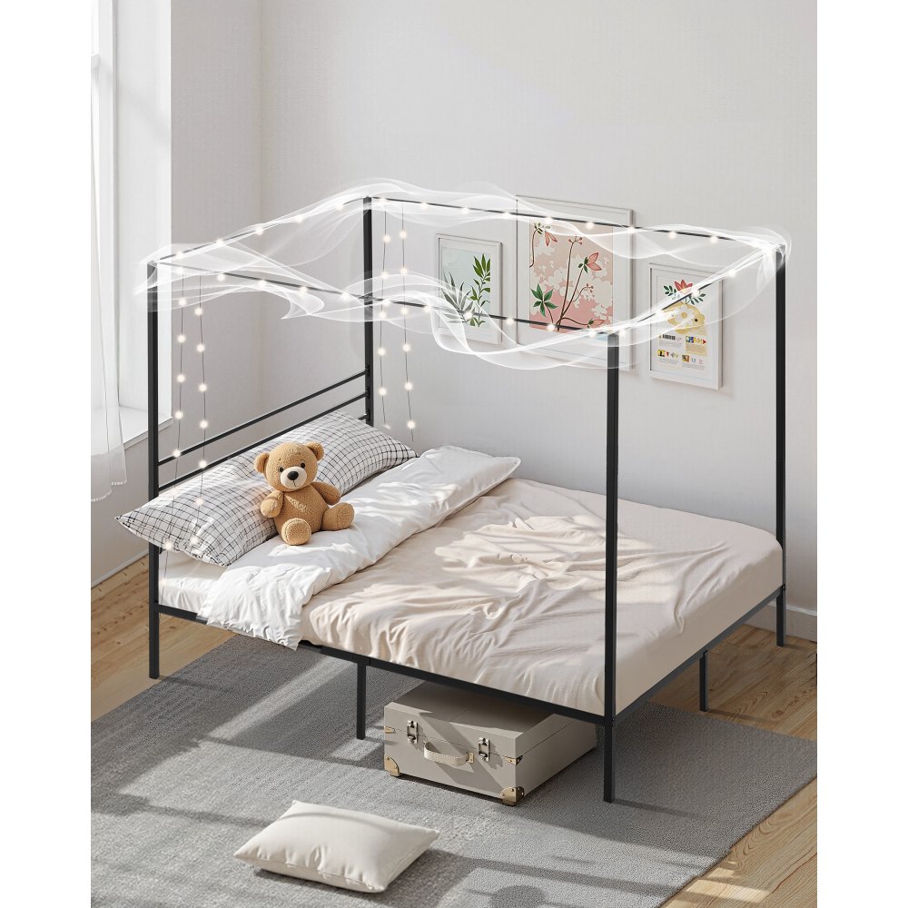 VEVOR Himmelbettrahmen (Full Size), Metallhimmelbett mit Himmelbett-Design (363 kg belastbar), robuste Stahllattenstütze (Quadrat), Stauraum unter dem Bett, kein Boxspring erforderlich, Schwarz