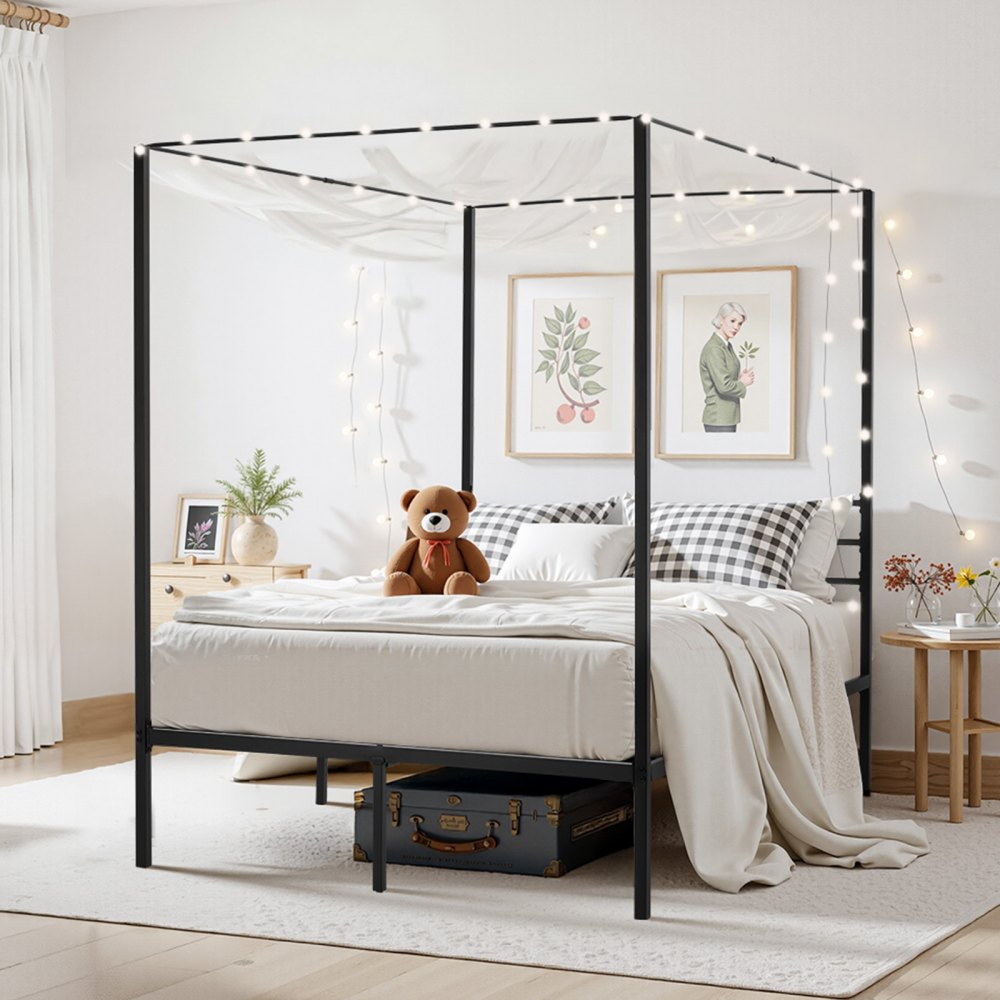 VEVOR Himmelbettrahmen (Full Size), Metallhimmelbett mit Himmelbett-Design (363 kg belastbar), robuste Stahllattenstütze (Quadrat), Stauraum unter dem Bett, kein Boxspring erforderlich, Schwarz
