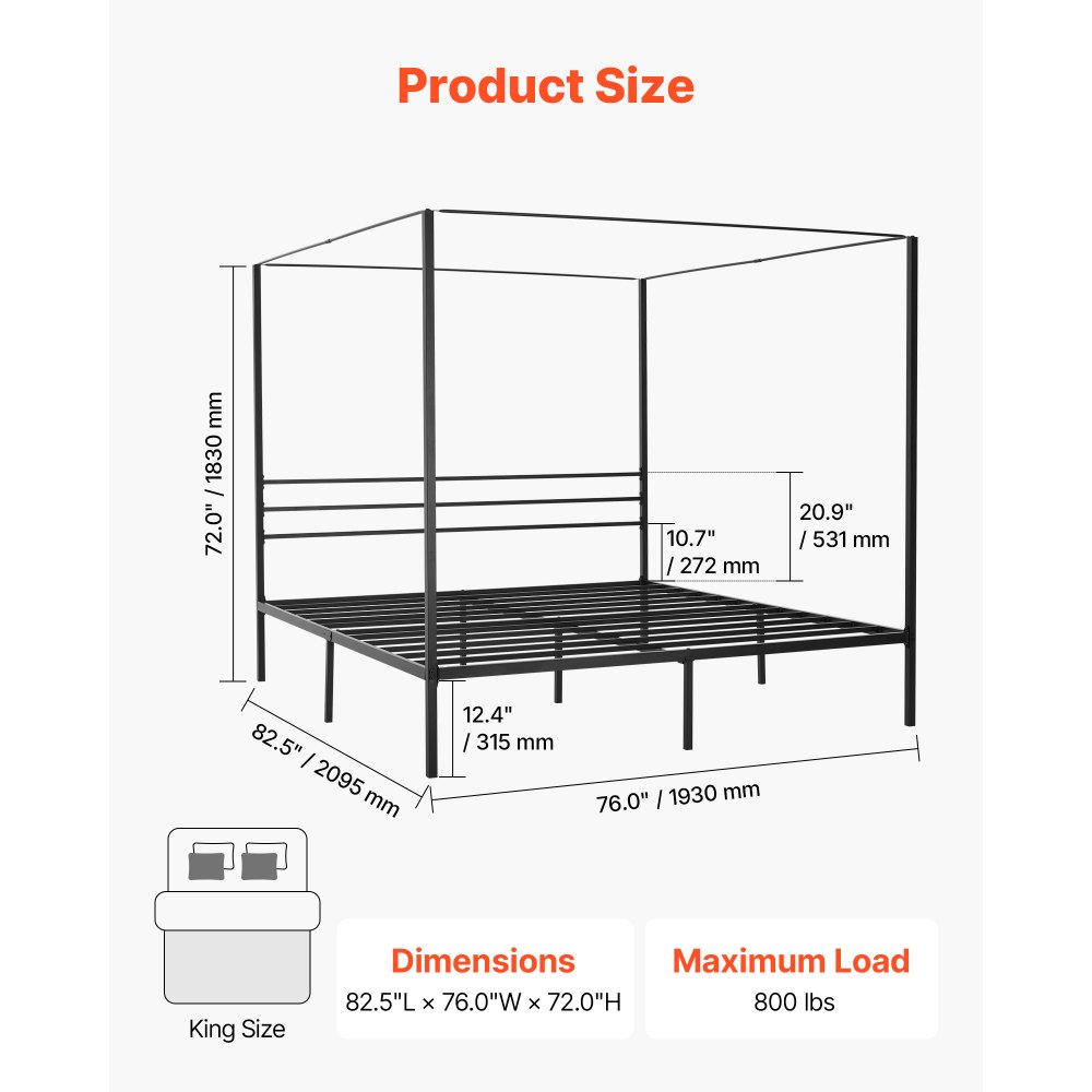VEVOR Himmelbettrahmen (Kingsize), Metallhimmelbett (363 kg belastbar) mit Himmelbett-Design, robuste Stahllattenstütze, Stauraum unter dem Bett, kein Boxspring erforderlich, Netzrahmen Schwarz