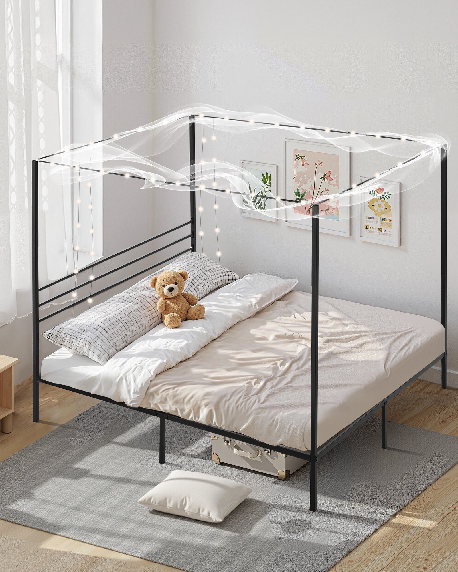 VEVOR Himmelbettrahmen (Kingsize), Metallhimmelbett (363 kg belastbar) mit Himmelbett-Design, robuste Stahllattenstütze, Stauraum unter dem Bett, kein Boxspring erforderlich, Netzrahmen Schwarz