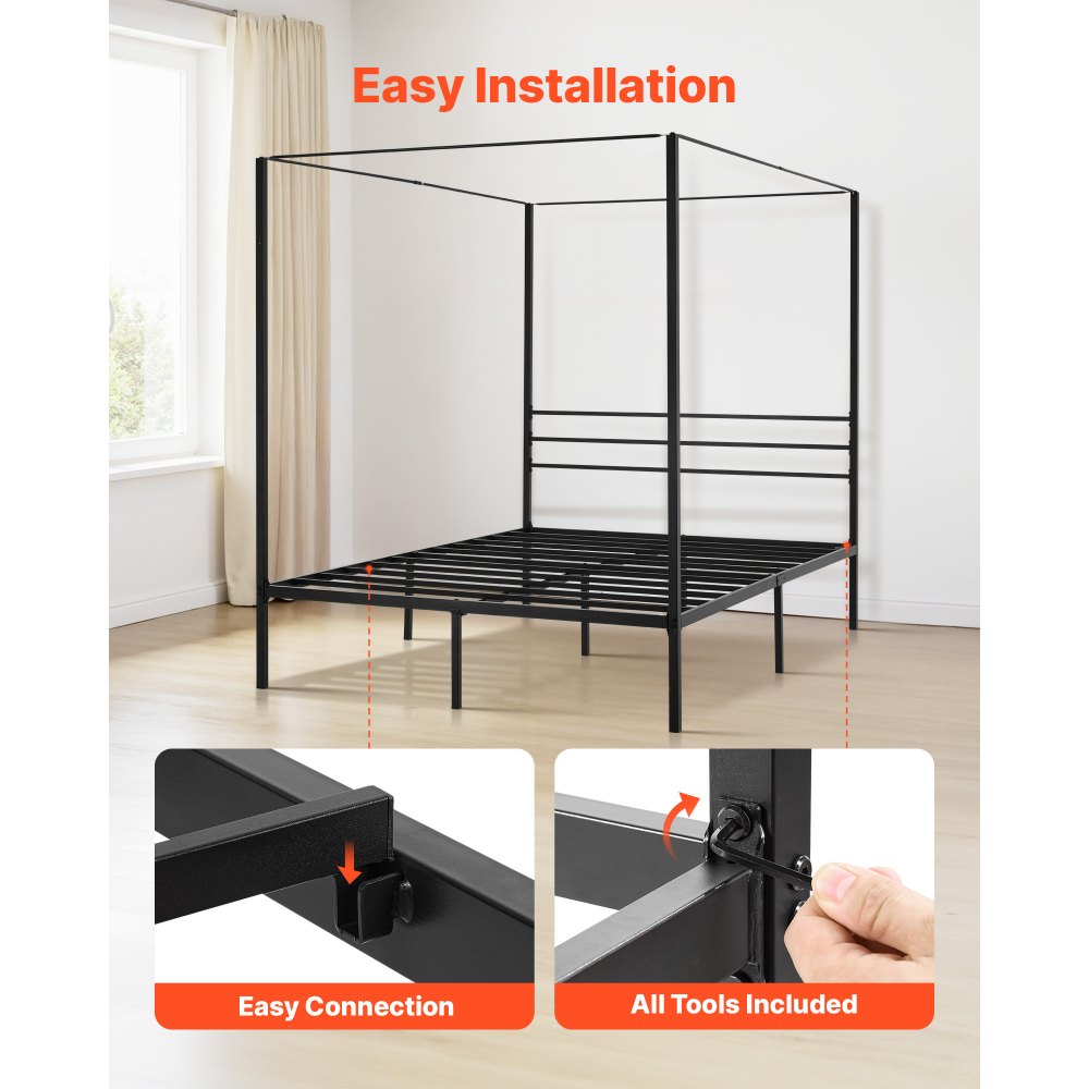 VEVOR Himmelbettrahmen (Queen Size), Metallhimmelbett (363 kg belastbar) mit Himmelbett-Design, Stahllattenstütze (Quadrat), Stauraum unter dem Bett, kein Boxspring erforderlich, Netzrahmen Schwarz