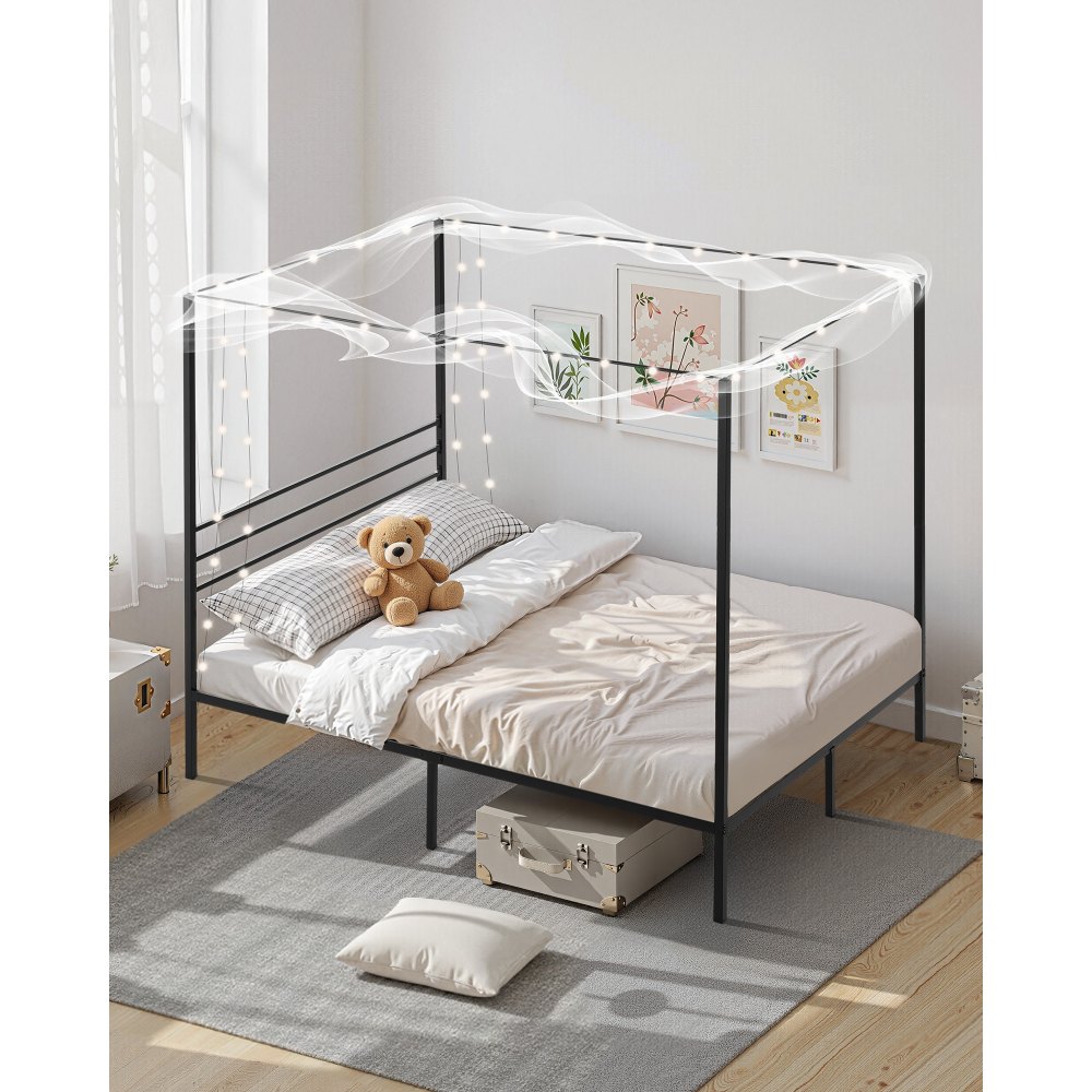 VEVOR Himmelbettrahmen (Queen Size), Metallhimmelbett (363 kg belastbar) mit Himmelbett-Design, Stahllattenstütze (Quadrat), Stauraum unter dem Bett, kein Boxspring erforderlich, Netzrahmen Schwarz